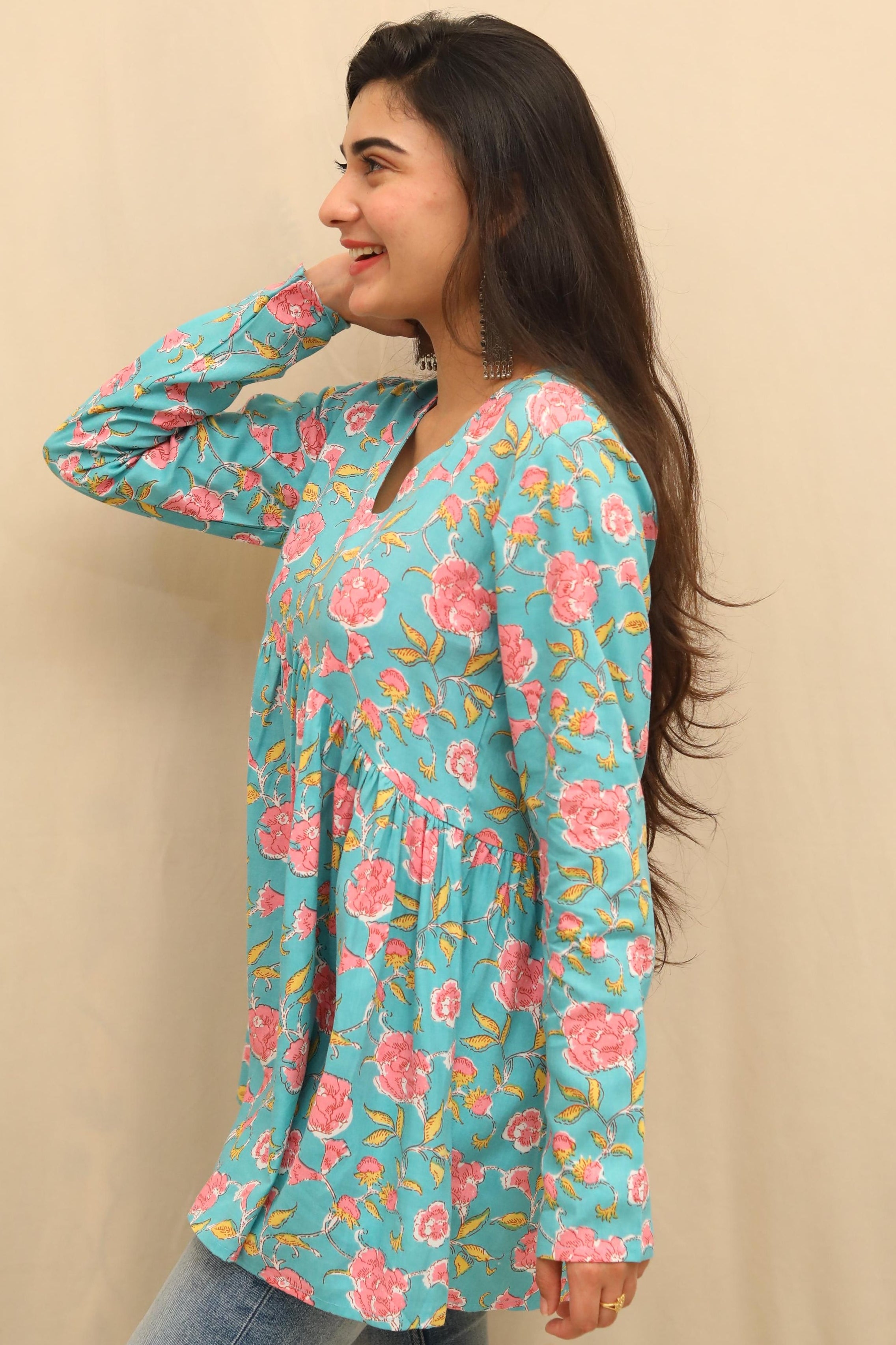 Aqua Blossom Floral Peplum Top
