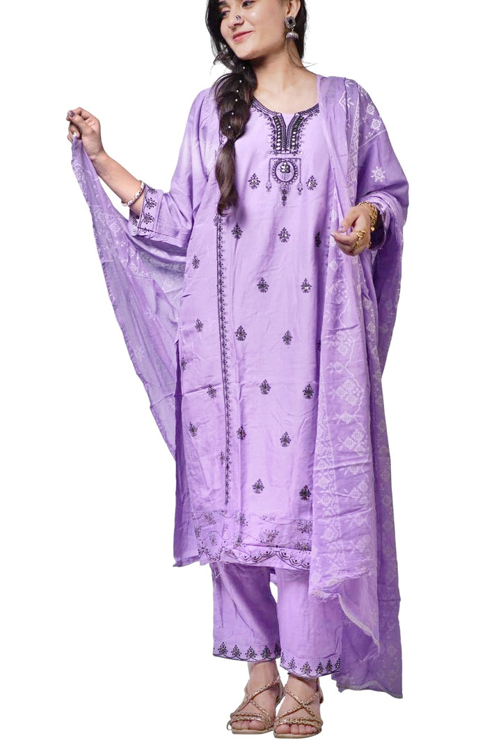 Lavender with Black Embroidered Kurta Set