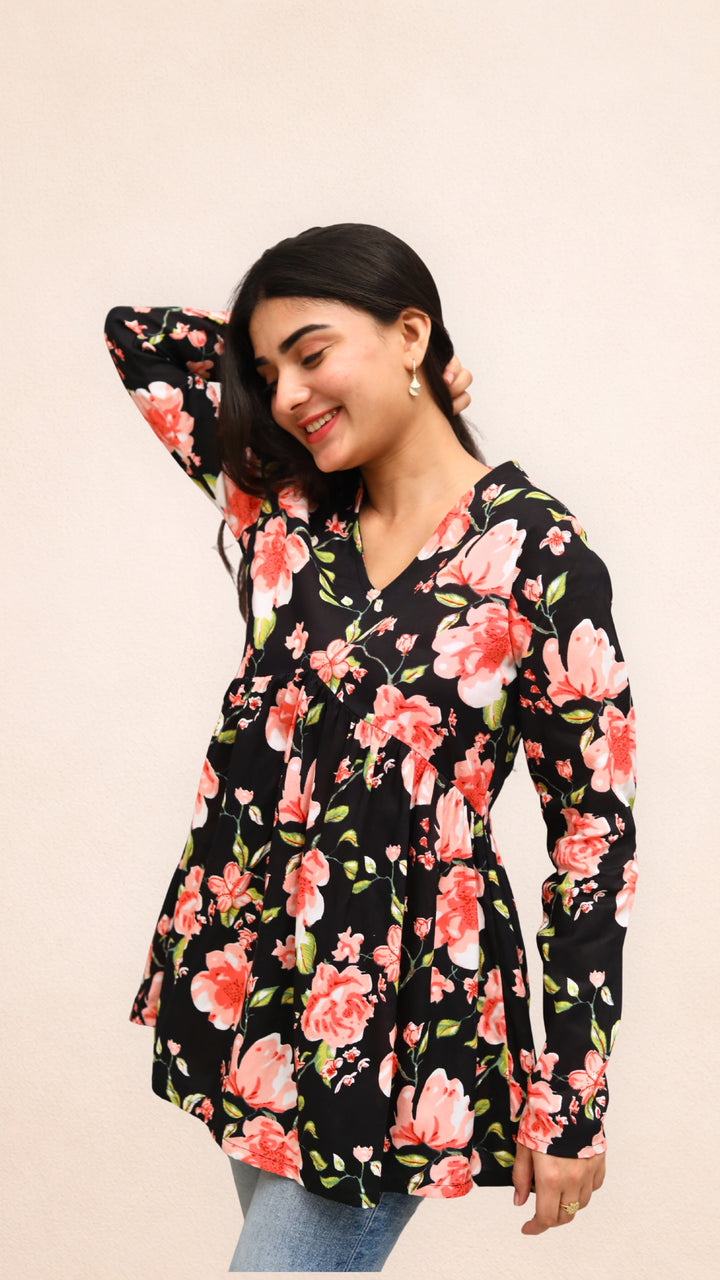 Black Floral Peplum Top