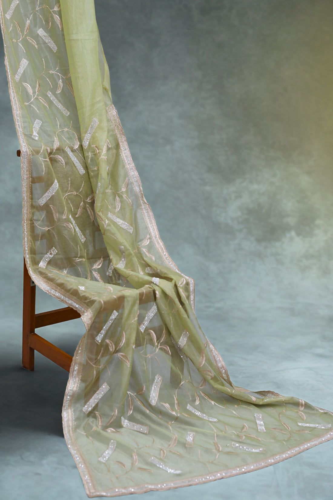 ISHNA Pastel Pista Green Organza Tissue Saree With Stone Stripes