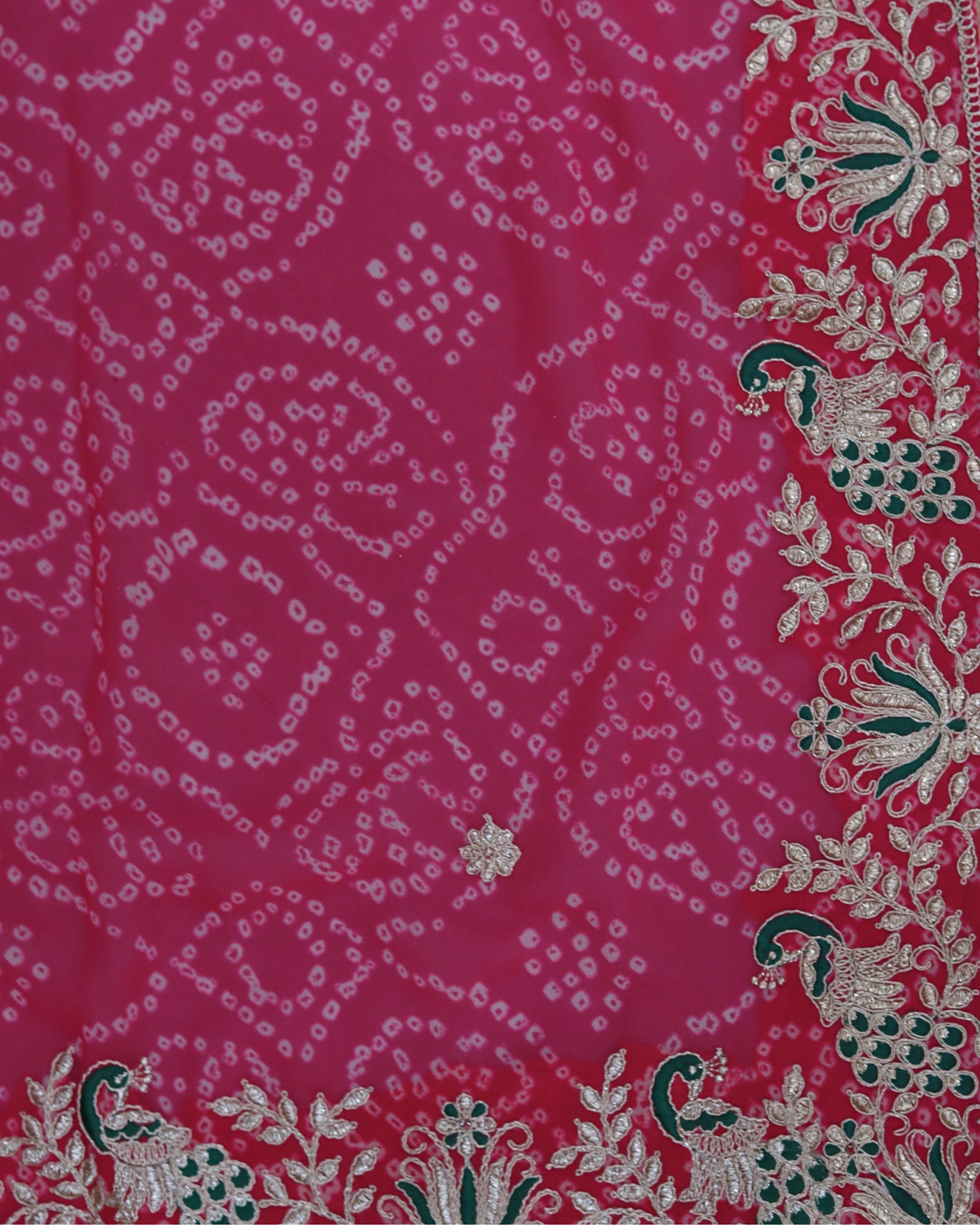 ISHNA Pink Bandhani Saree With Peacock and Lotus Border