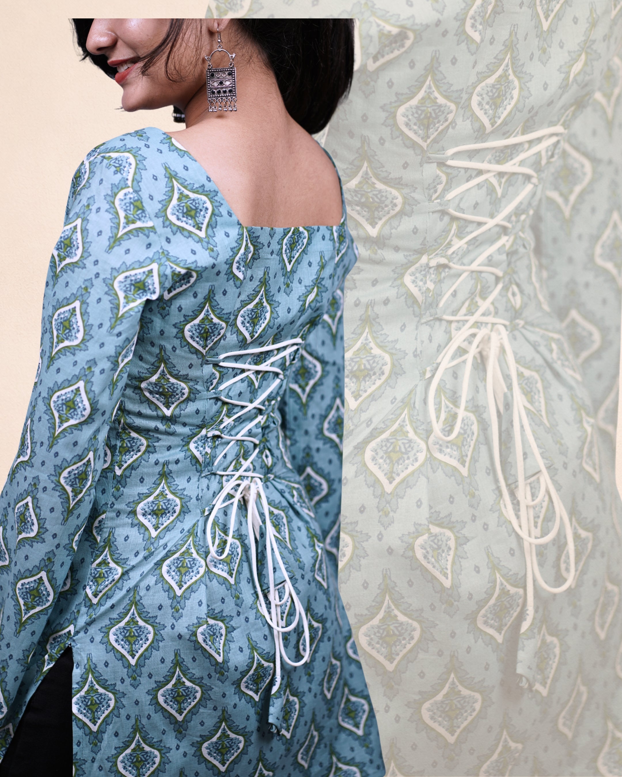 Dusty Blue Corset Back Short Kurti