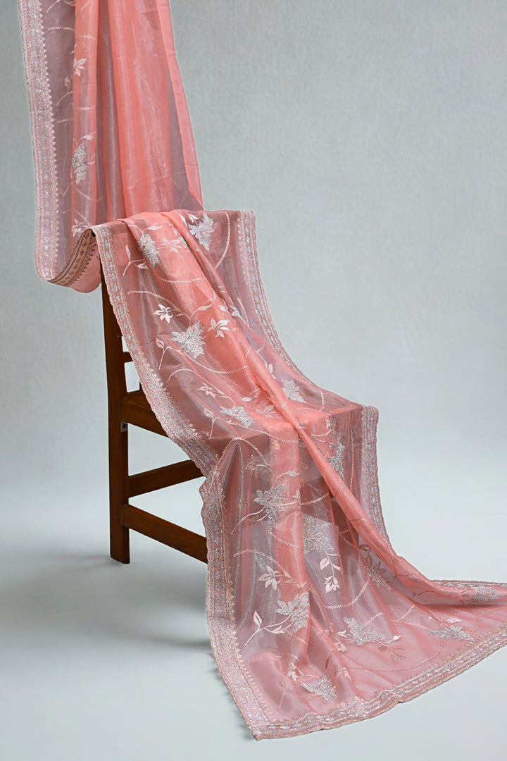Champagne Peach Organza Tissue Saree with Spring leaf Stone Embroidery