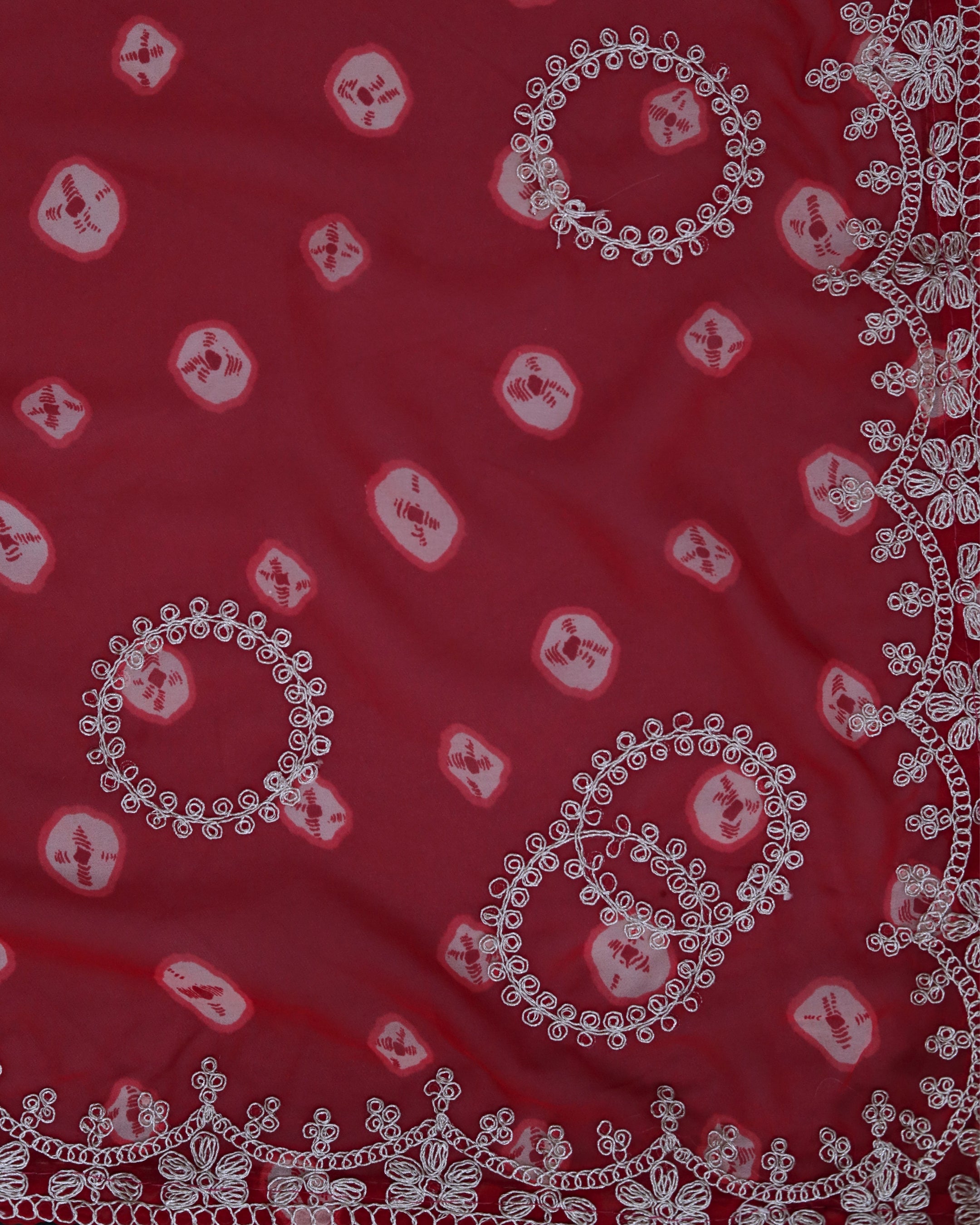ISHNA Red Bandhani Saree With Chand Motif