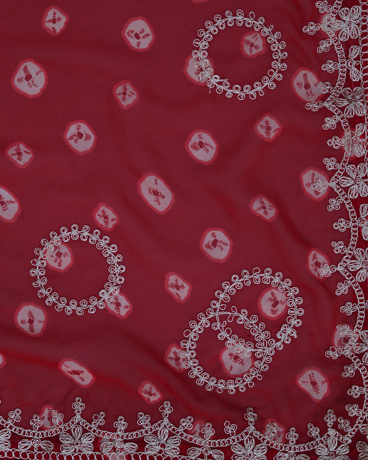 ISHNA Red Bandhani Saree With Chand Motif