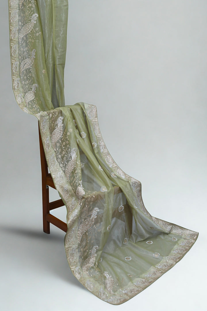 Pastel Pistachio Green Organza Tissue Saree with Peacock border