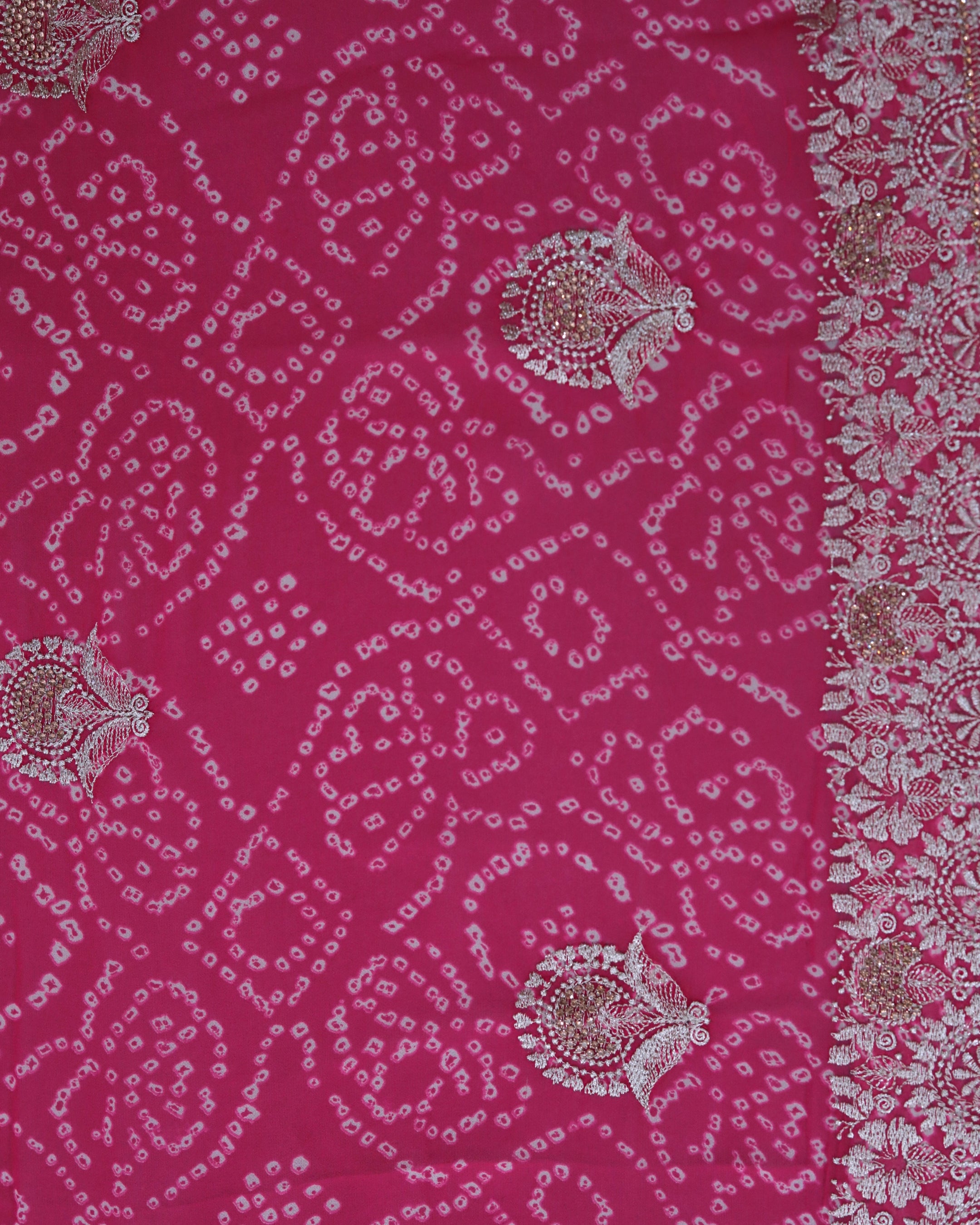 ISHNA Pink Bandhani Saree With Flower Border and Stone Work