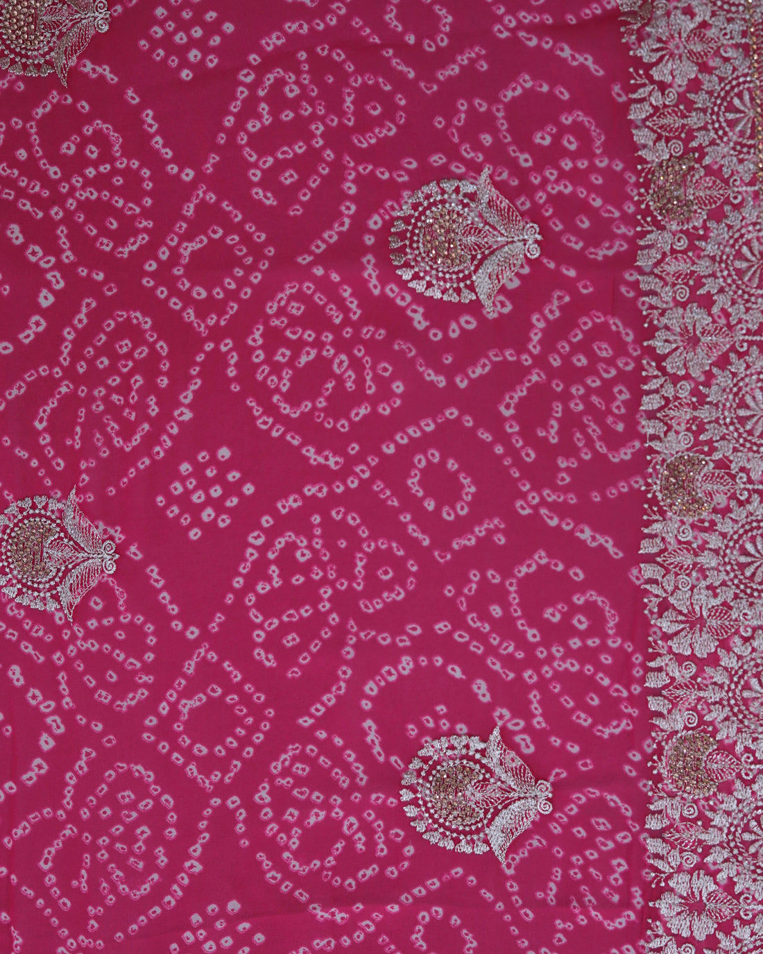 ISHNA Pink Bandhani Saree With Flower Border and Stone Work