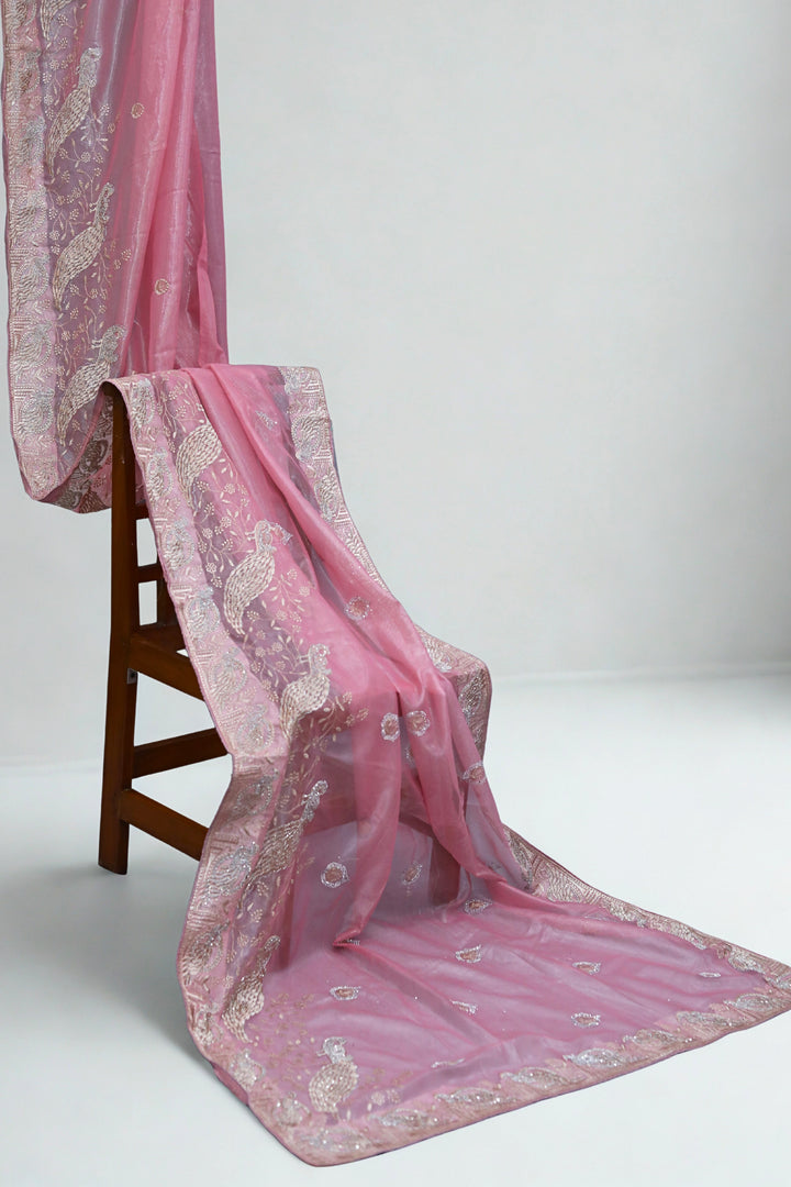 ISHNA Pastel Pink Organza Tissue Saree with Peacock Border