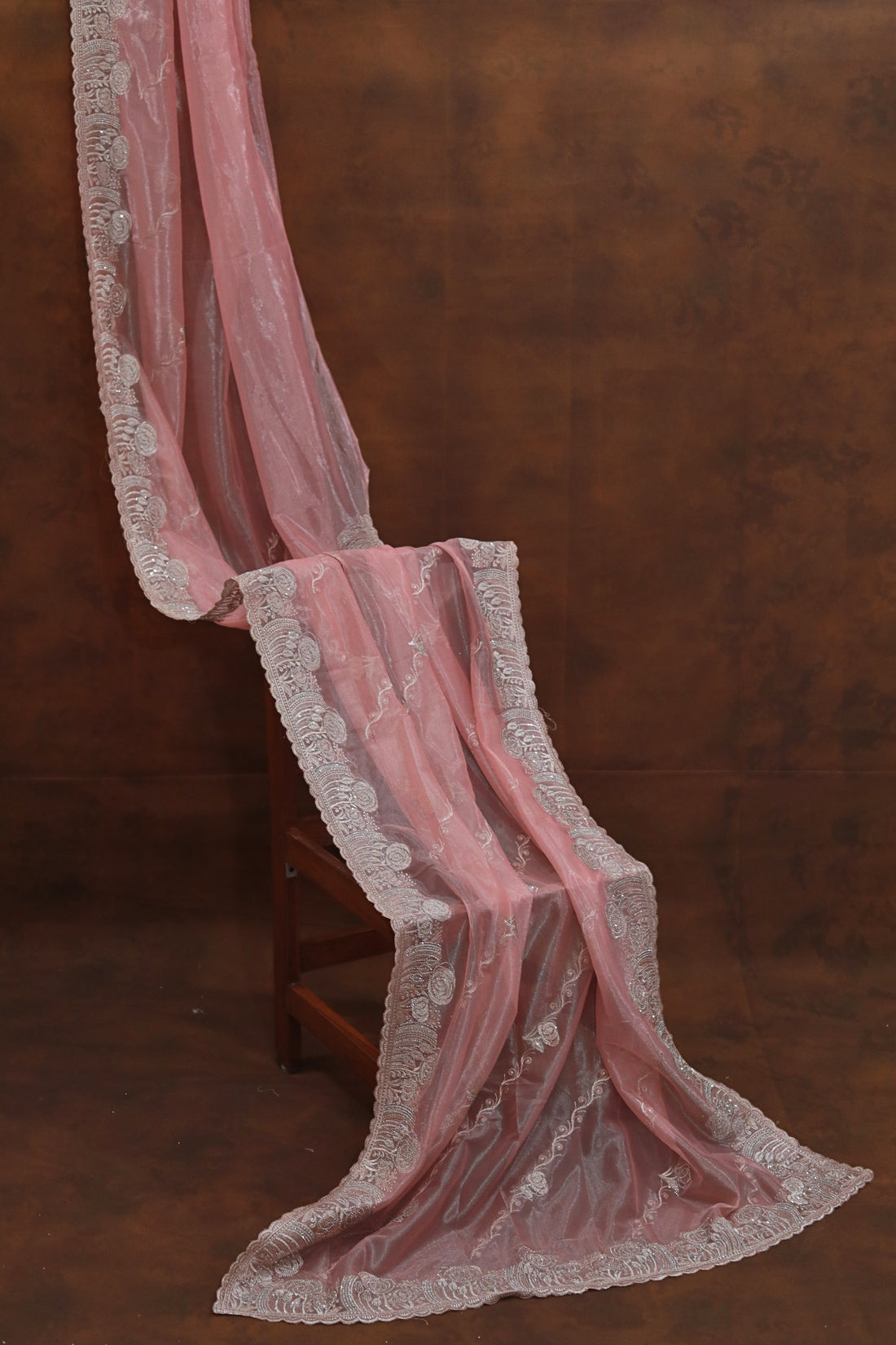 Champagne Peach Organza Tissue Saree with  Floral Embroidery Stone Border