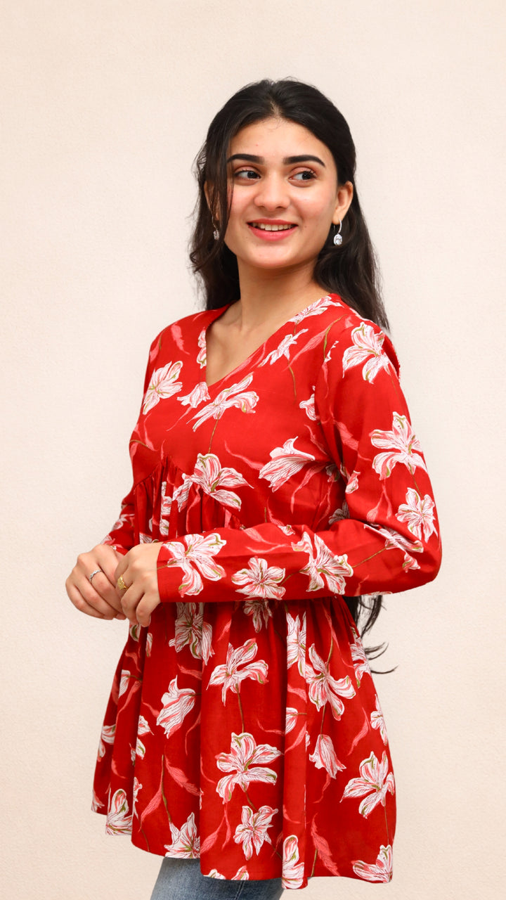 Red Crimson Bloom Peplum Top