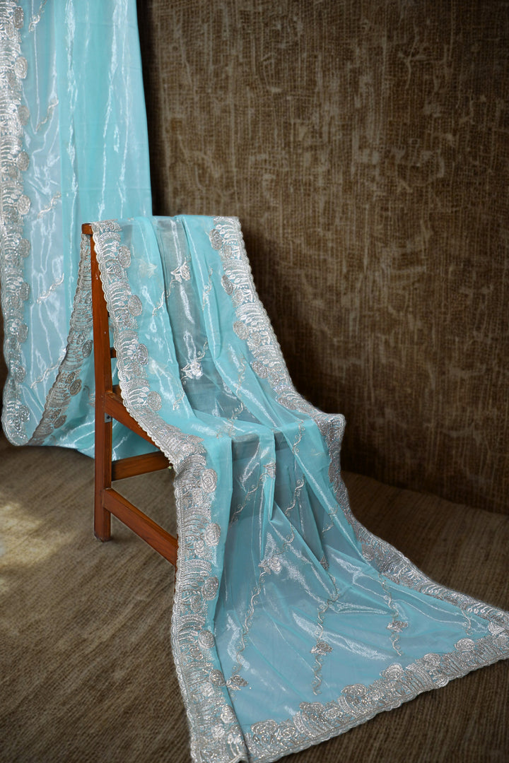 Crystal Blue Organza Tissue Saree with Floral Embroidery Stone Border