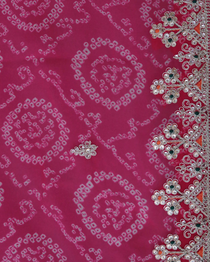 ISHNA Pink Bandhani Saree With 3 Flower Border and Theard Work