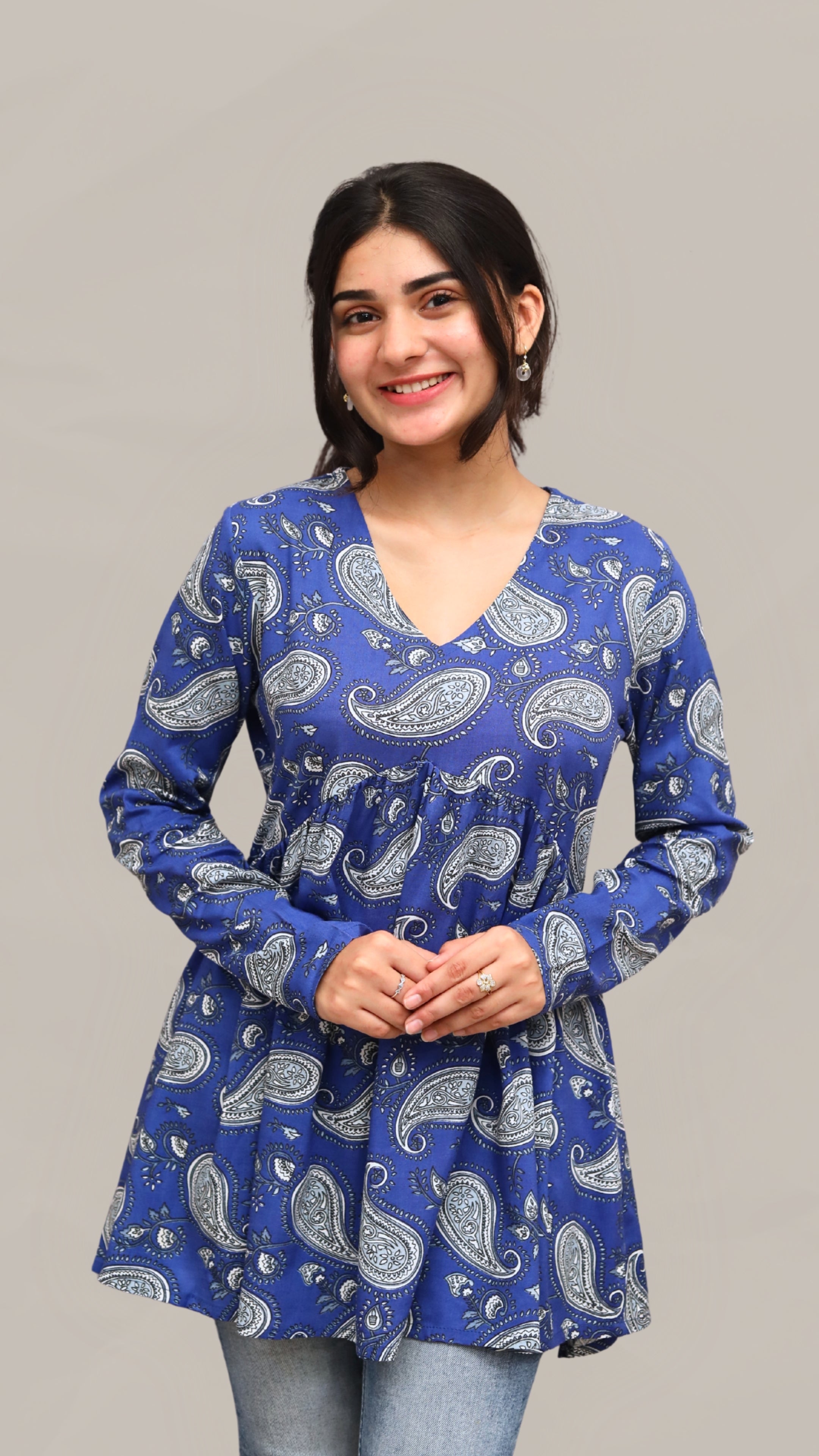 Royal Blue Paisley Printed Peplum Top