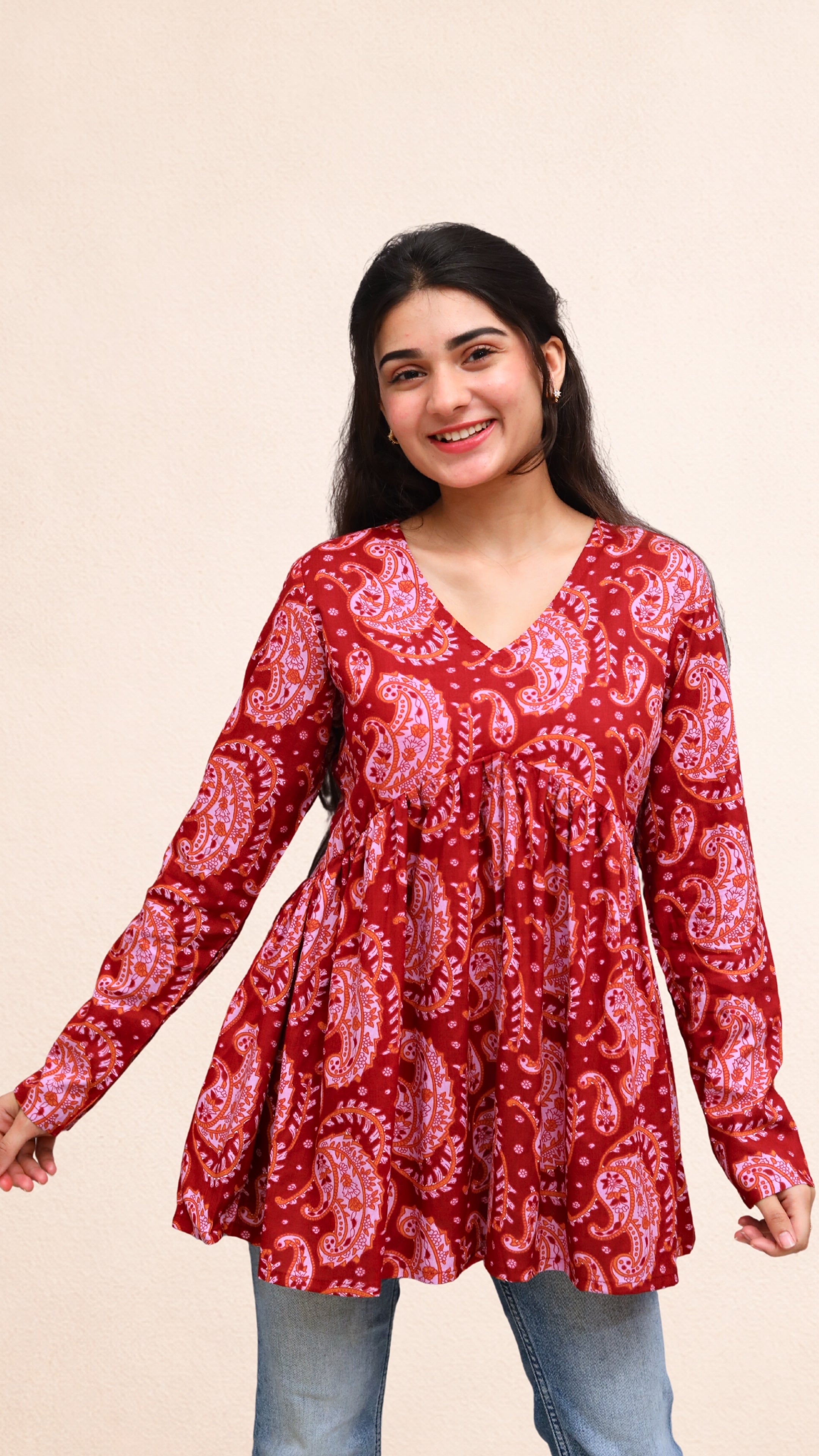 Maroon Block Print Peplum Top