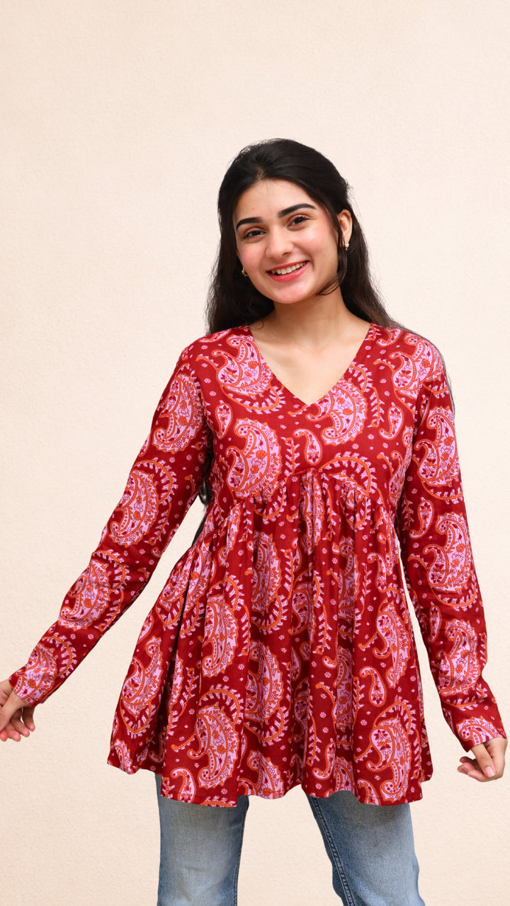Maroon Block Print Peplum Top