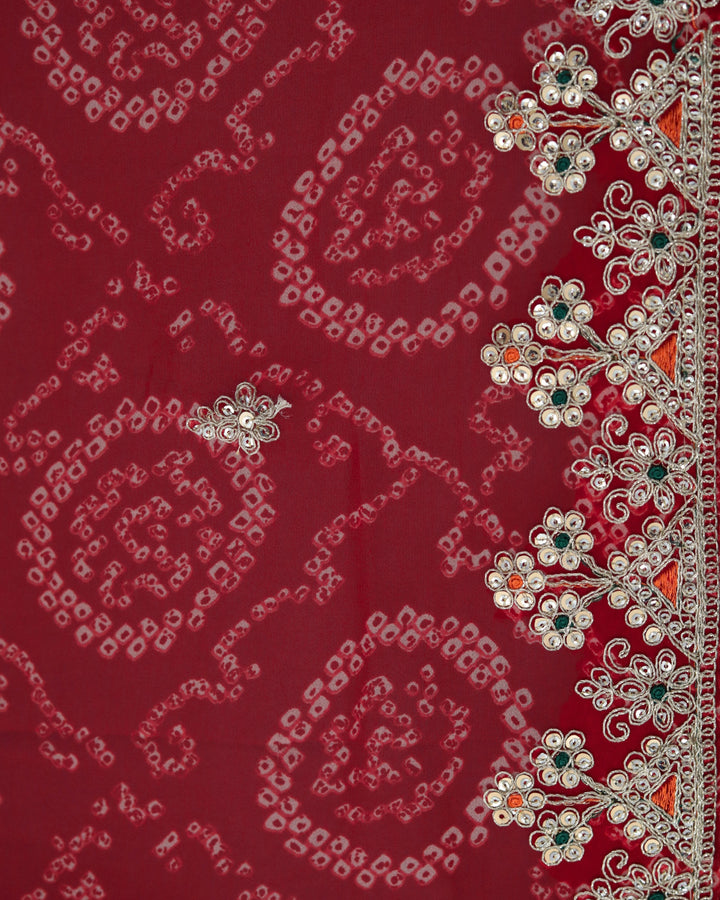 ISHNA Red Bandhani Saree With 3 Flower Border and Theard Work