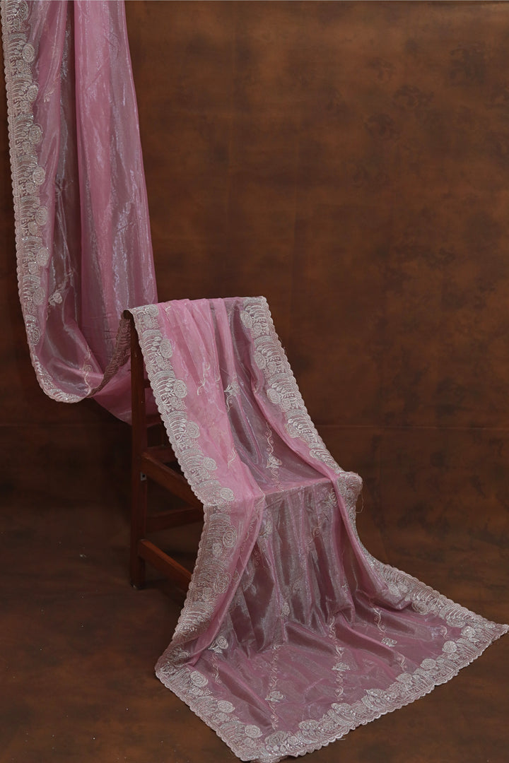 Salmon Pink Organza Tissue Saree with Floral Embroidery Stone Border