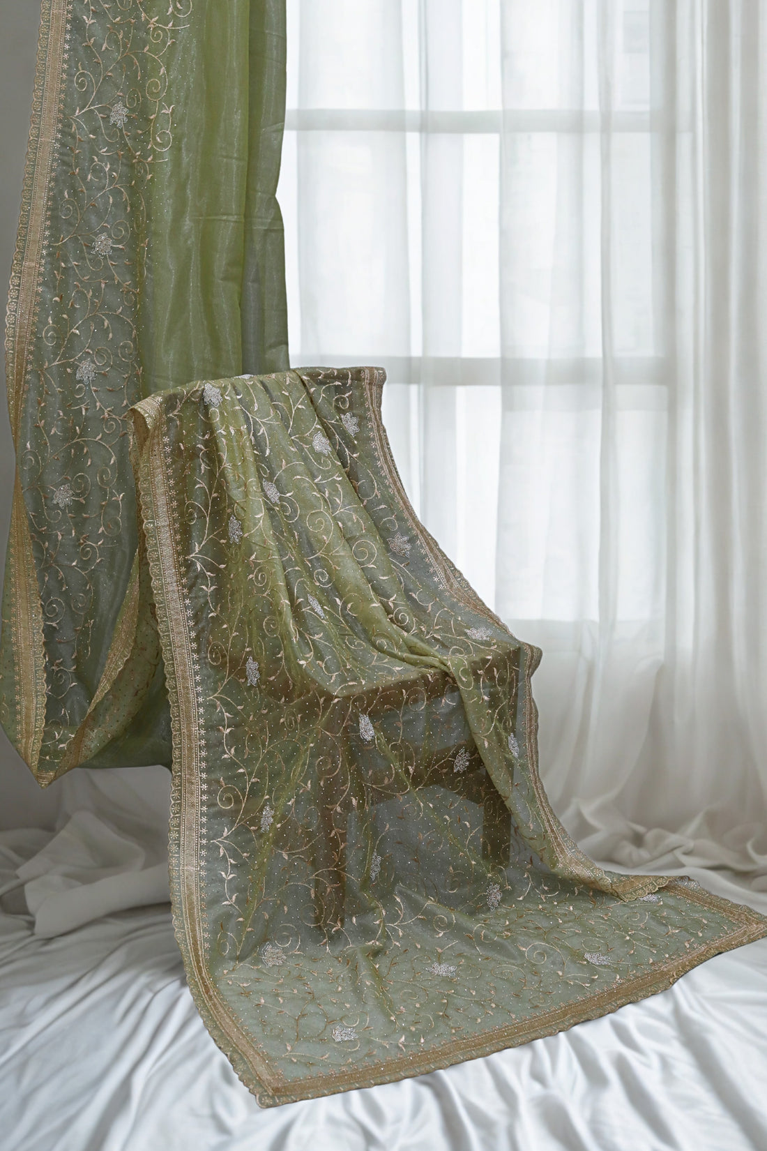 Olive Green Organza Tissue Saree with Leaf embroidery stone Work