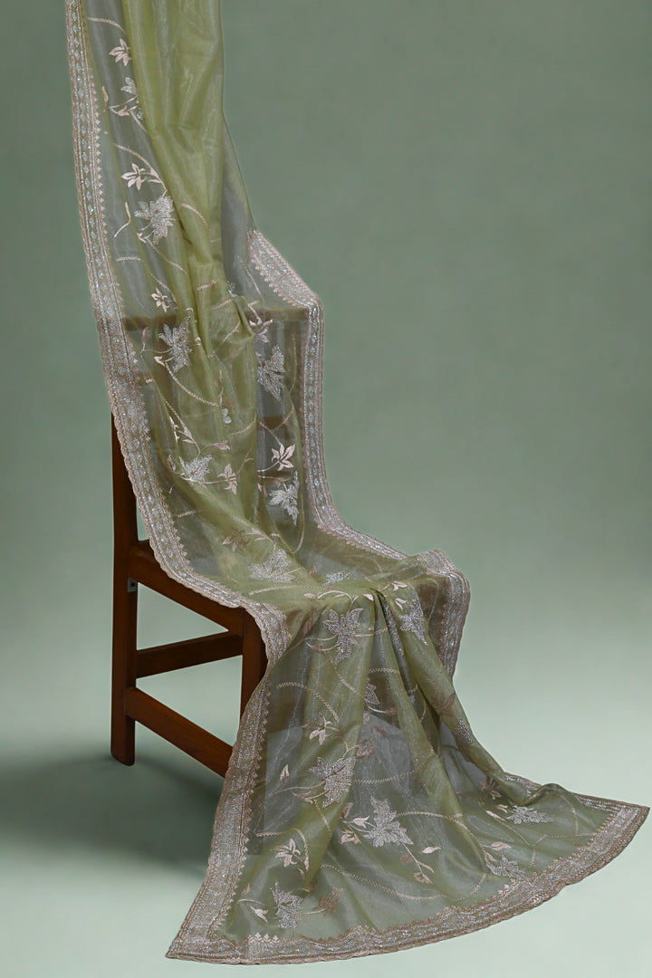 Light Pista Green Organza Tissue Saree with Spring leaf stone Embroidery