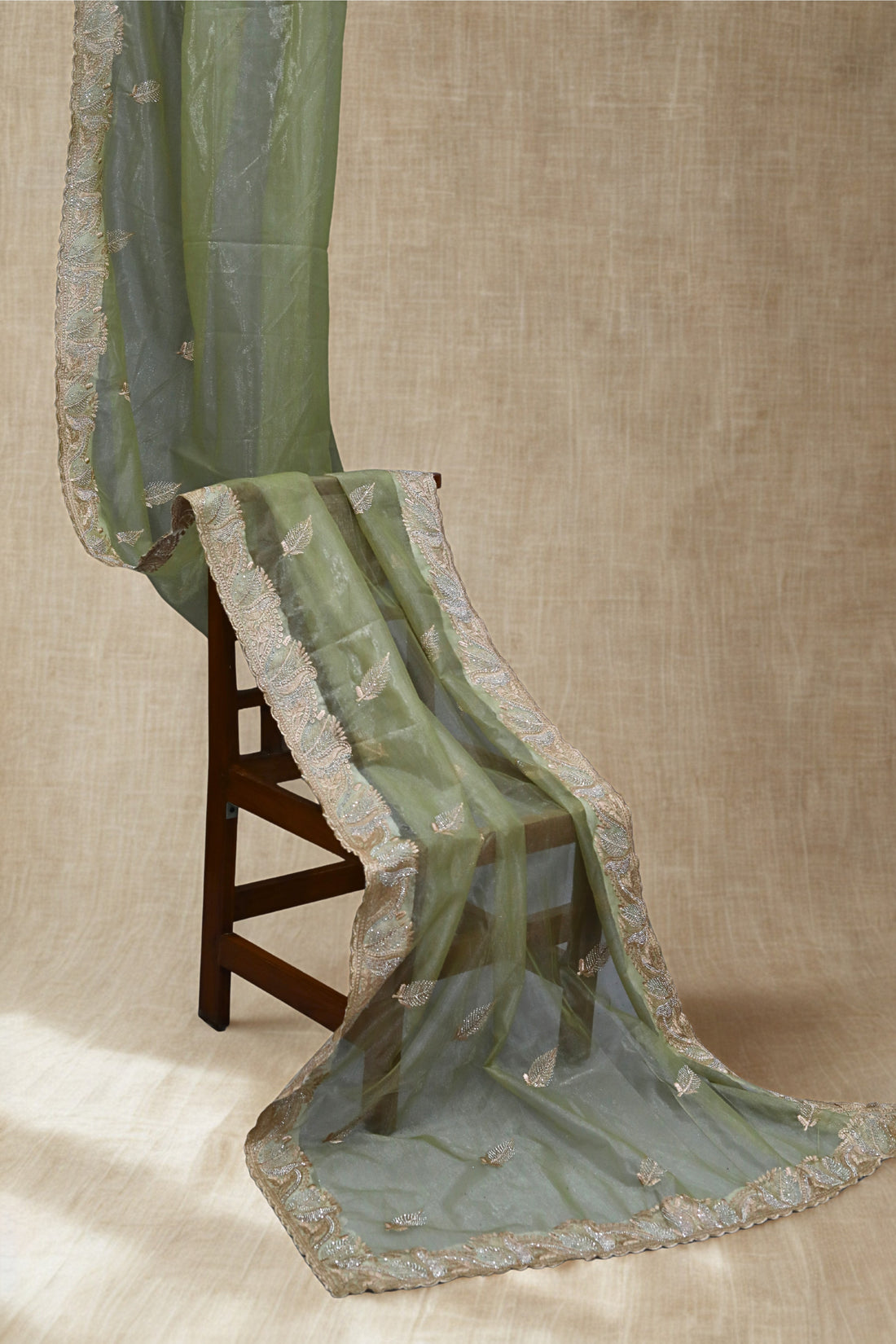 ISHNA Pistachio Organza Tissue Saree with Stone leaf  Border