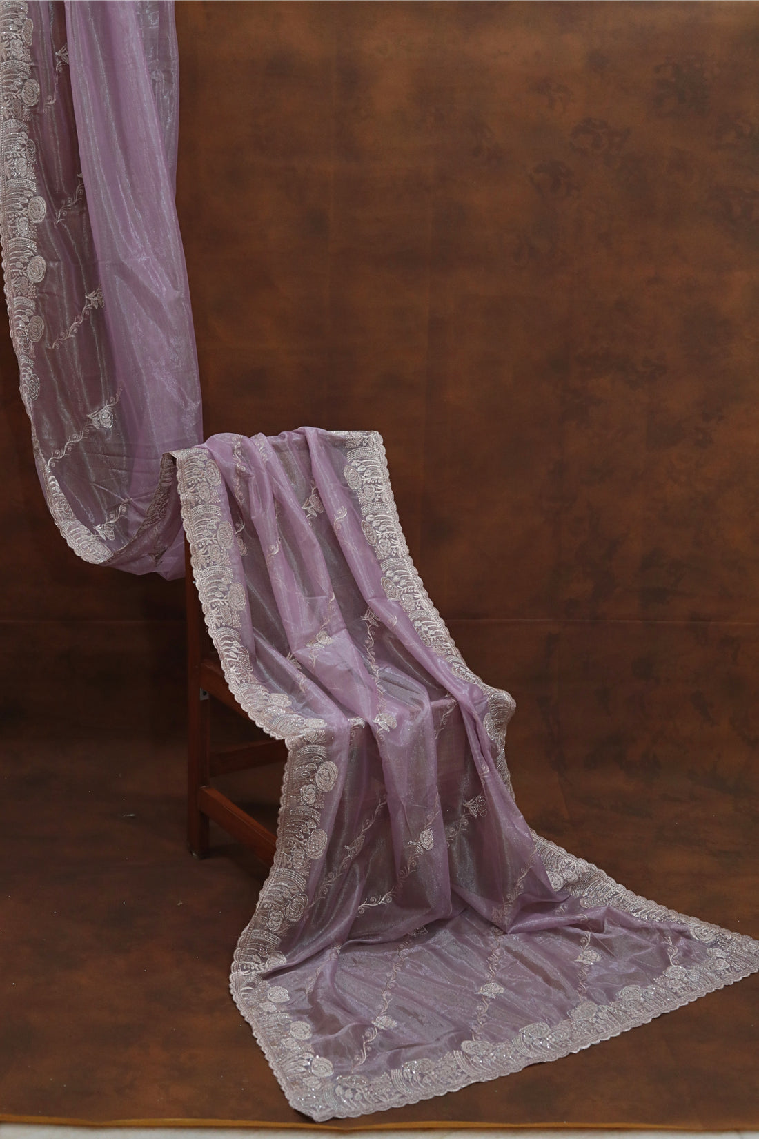 Lilac Organza Tissue Saree with Floral Embroidery Stone Border