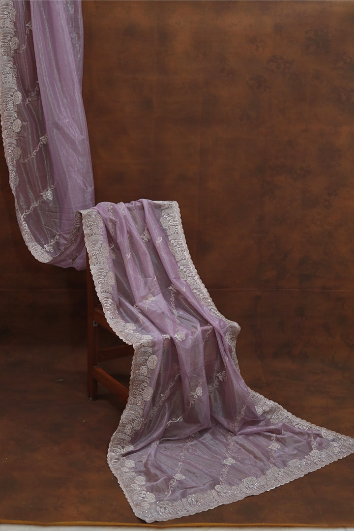 Lilac Organza Tissue Saree with Floral Embroidery Stone Border