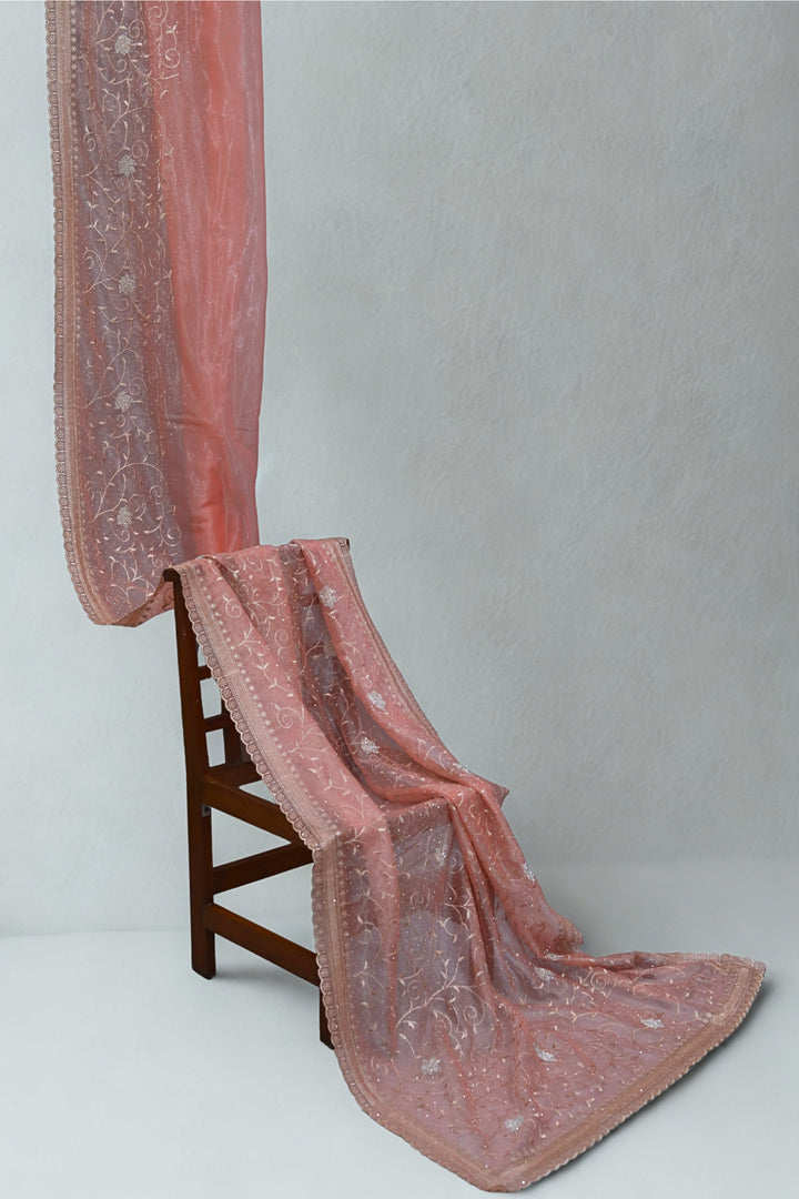 ISHNA Soft Pastel Peach Organza Tissue Saree with Leaf embroidery & stone Work