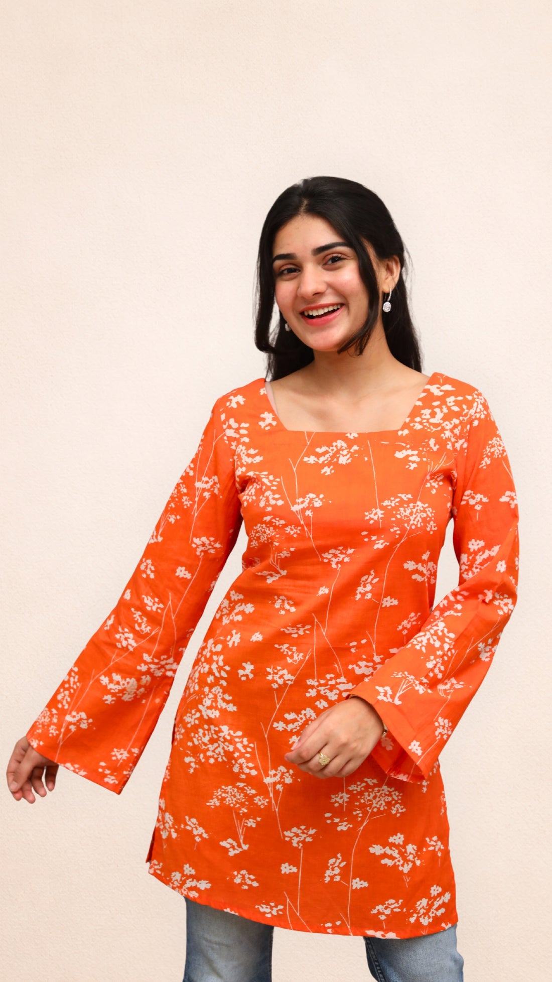 Orange Floral Corset Back Short Kurti