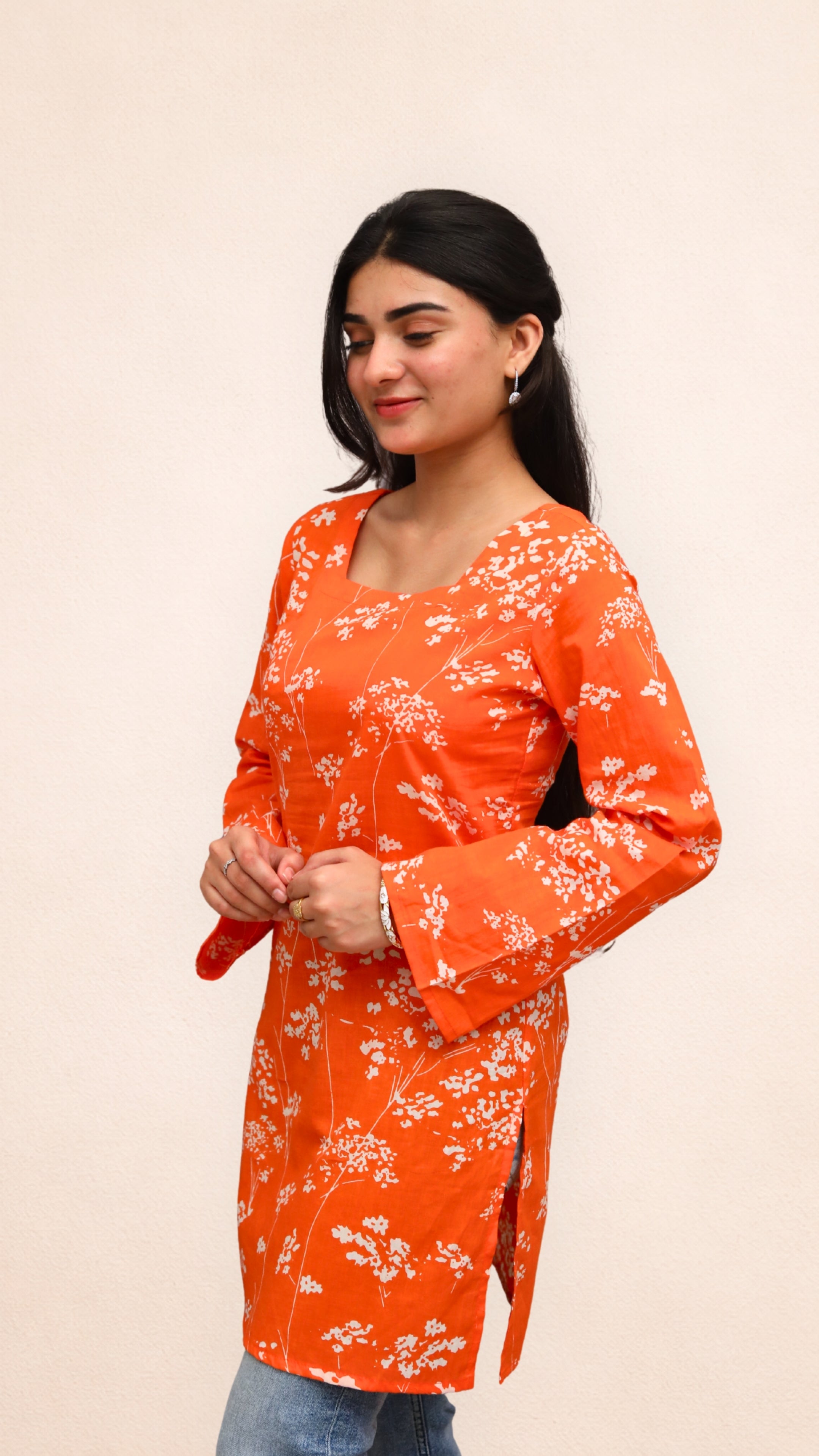 Orange Floral Corset Back Short Kurti