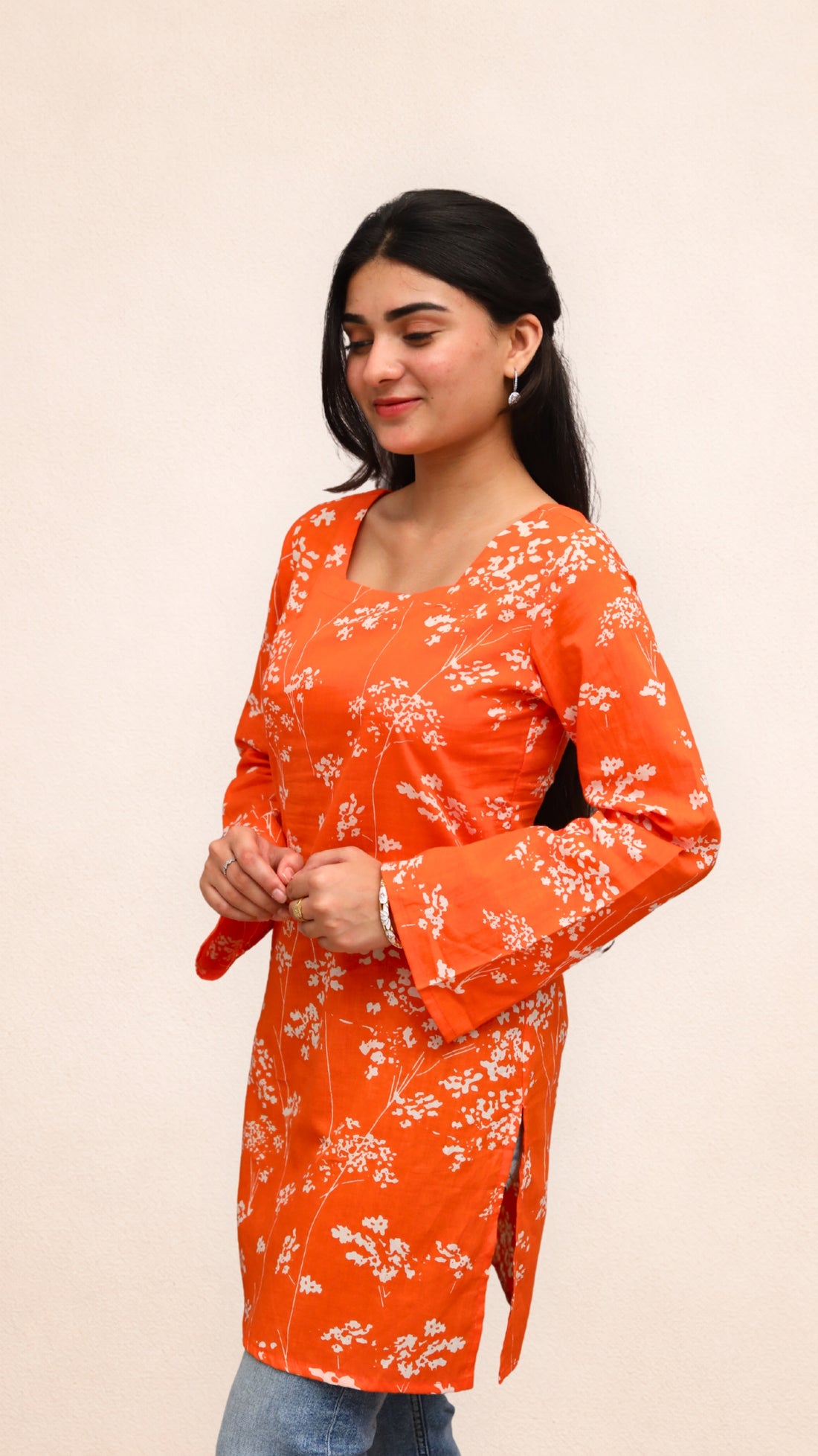 Orange Floral Corset Back Short Kurti
