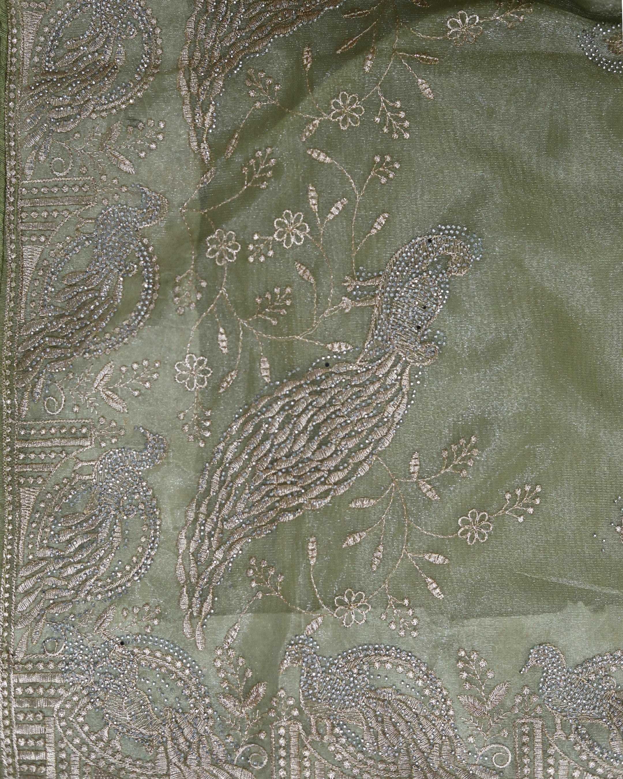 Pastel Pistachio Green Organza Tissue Saree with Peacock border