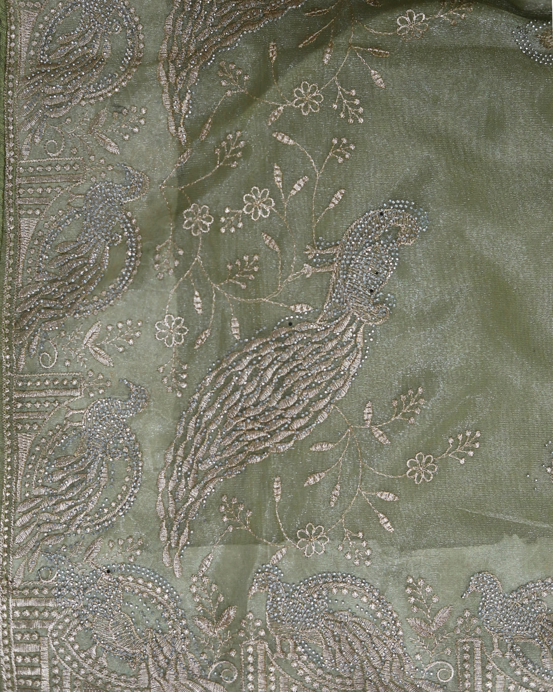 Pastel Pistachio Green Organza Tissue Saree with Peacock border