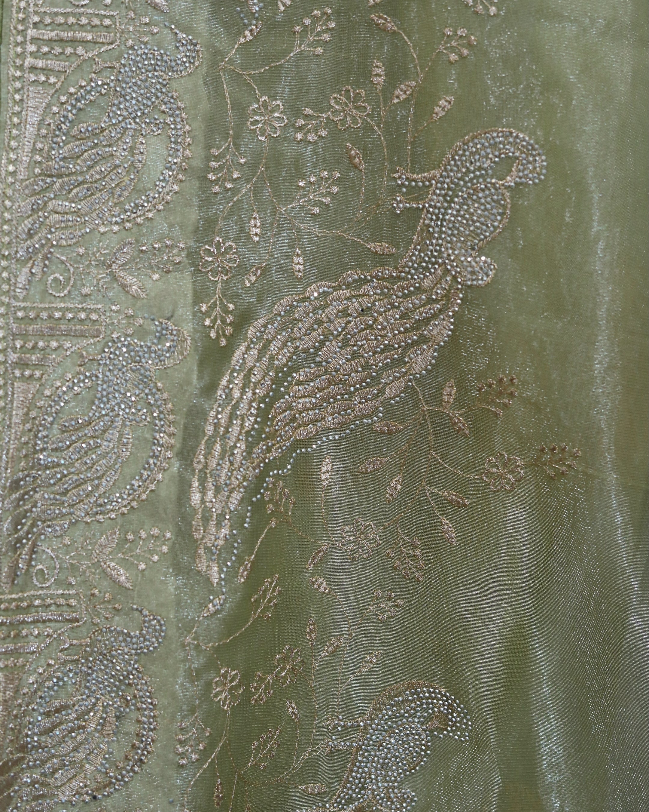 Pastel Pistachio Green Organza Tissue Saree with Peacock border
