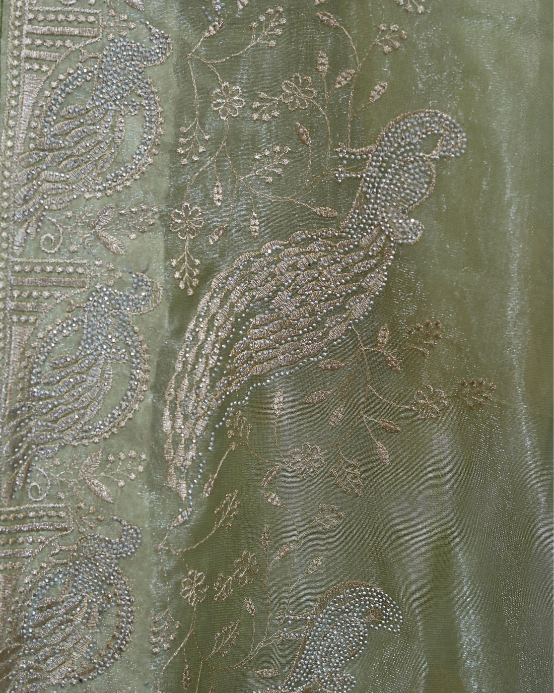 Pastel Pistachio Green Organza Tissue Saree with Peacock border