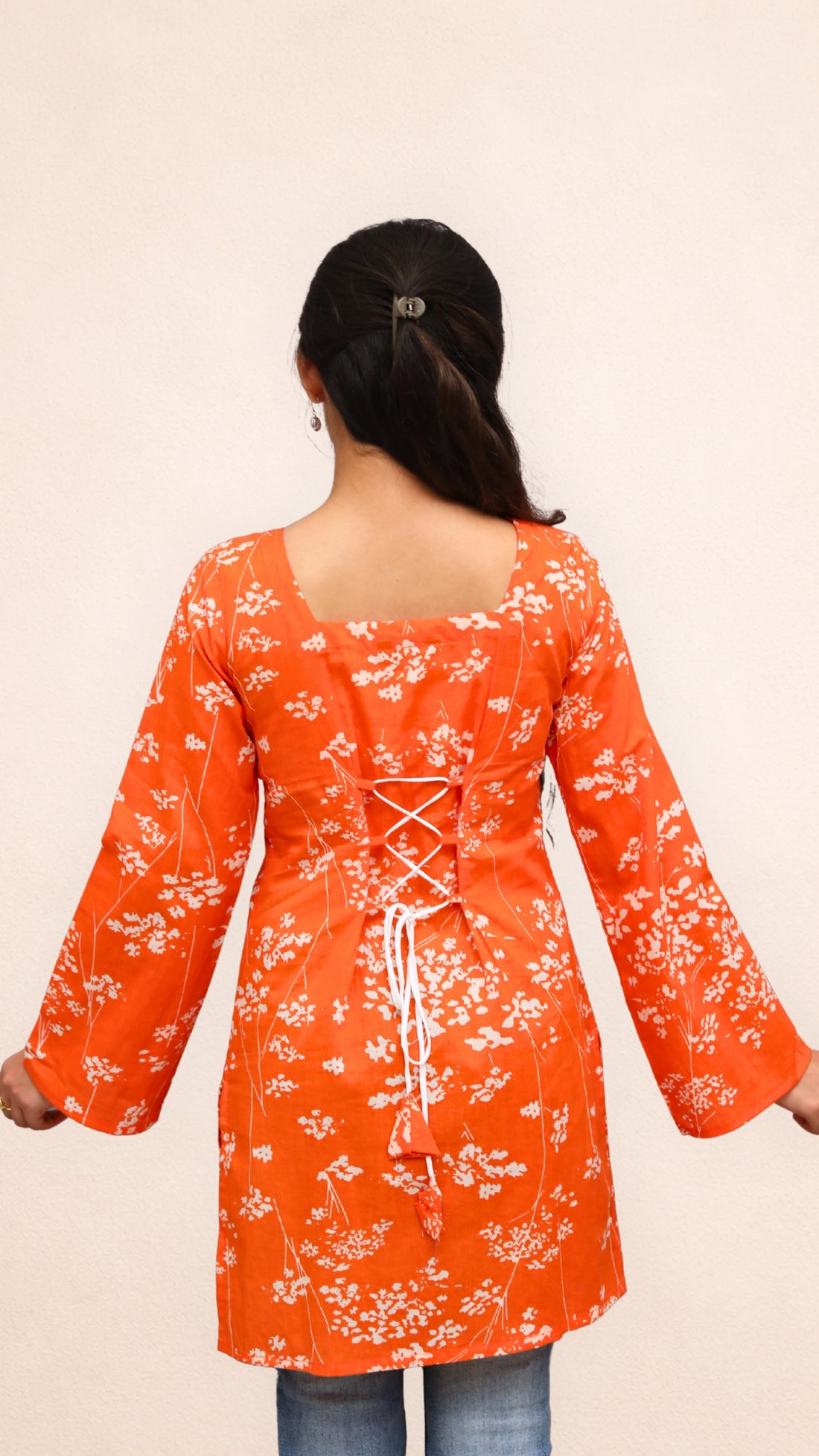 Orange Floral Corset Back Short Kurti