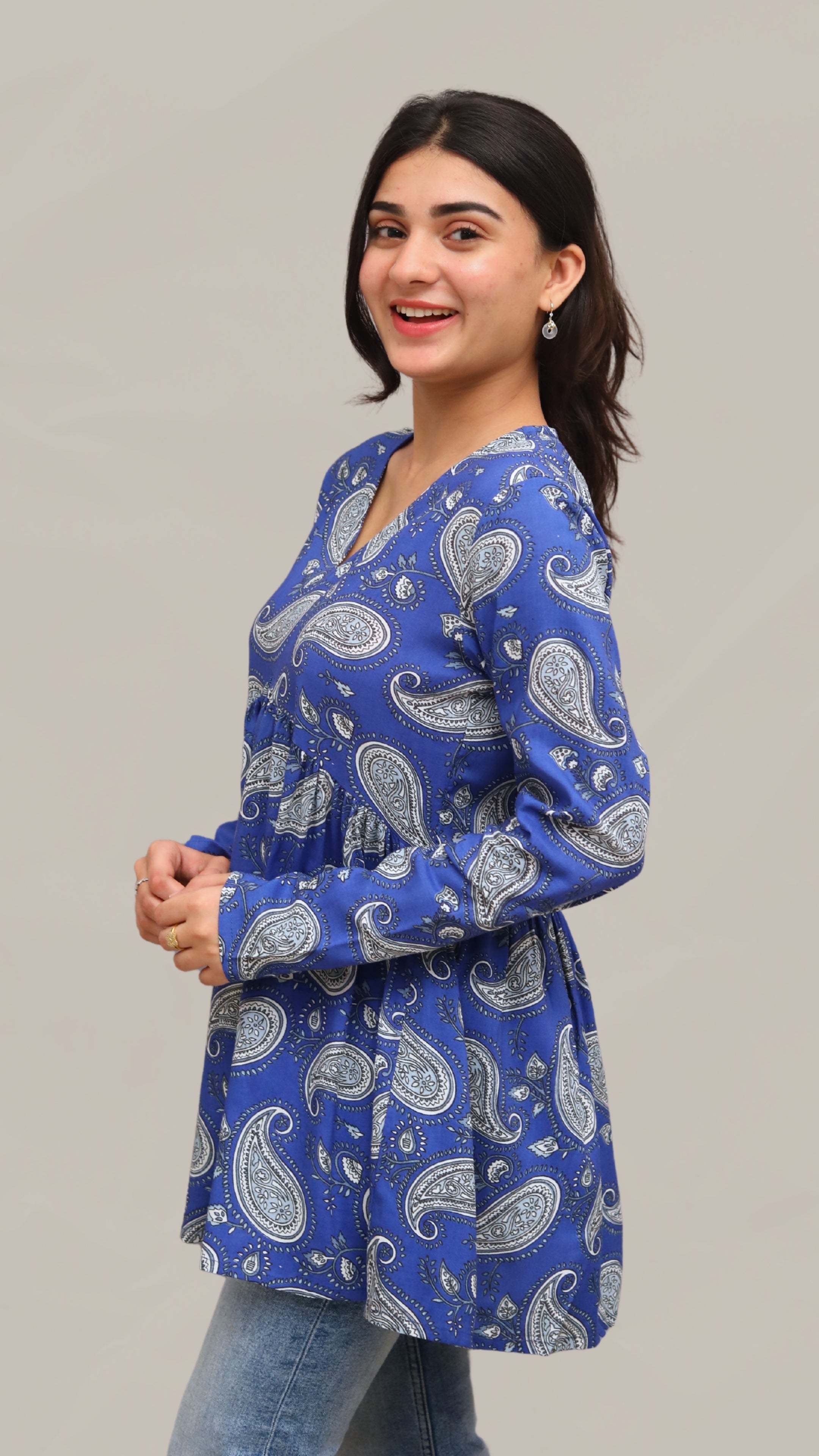 Royal Blue Paisley Printed Peplum Top
