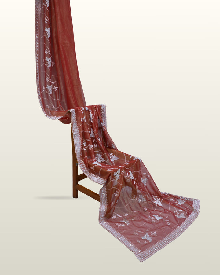 ISHNA Brown Organza Tissue Saree with Spring Leaf Stone Embroidery