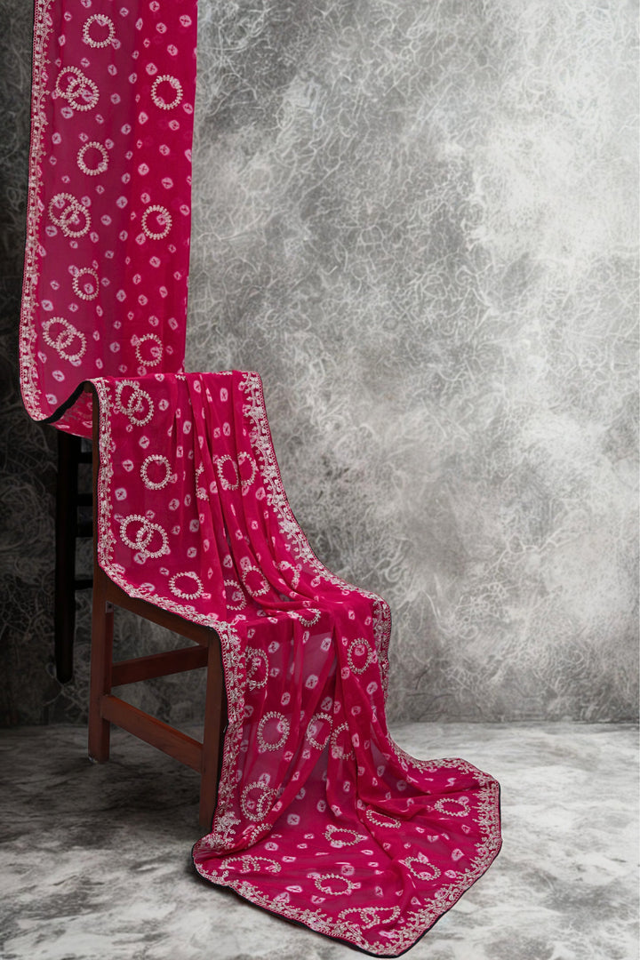 ISHNA Pink Bandhani Saree With Chand Motif