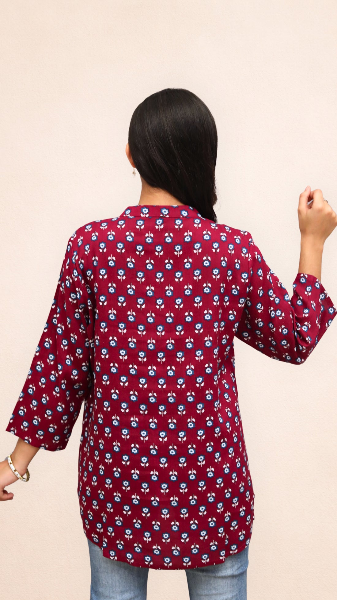 Wine Blossom Print Aline Collar Short Kurti