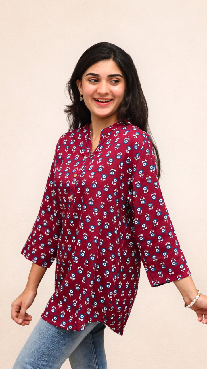 Wine Blossom Print Aline Collar Short Kurti