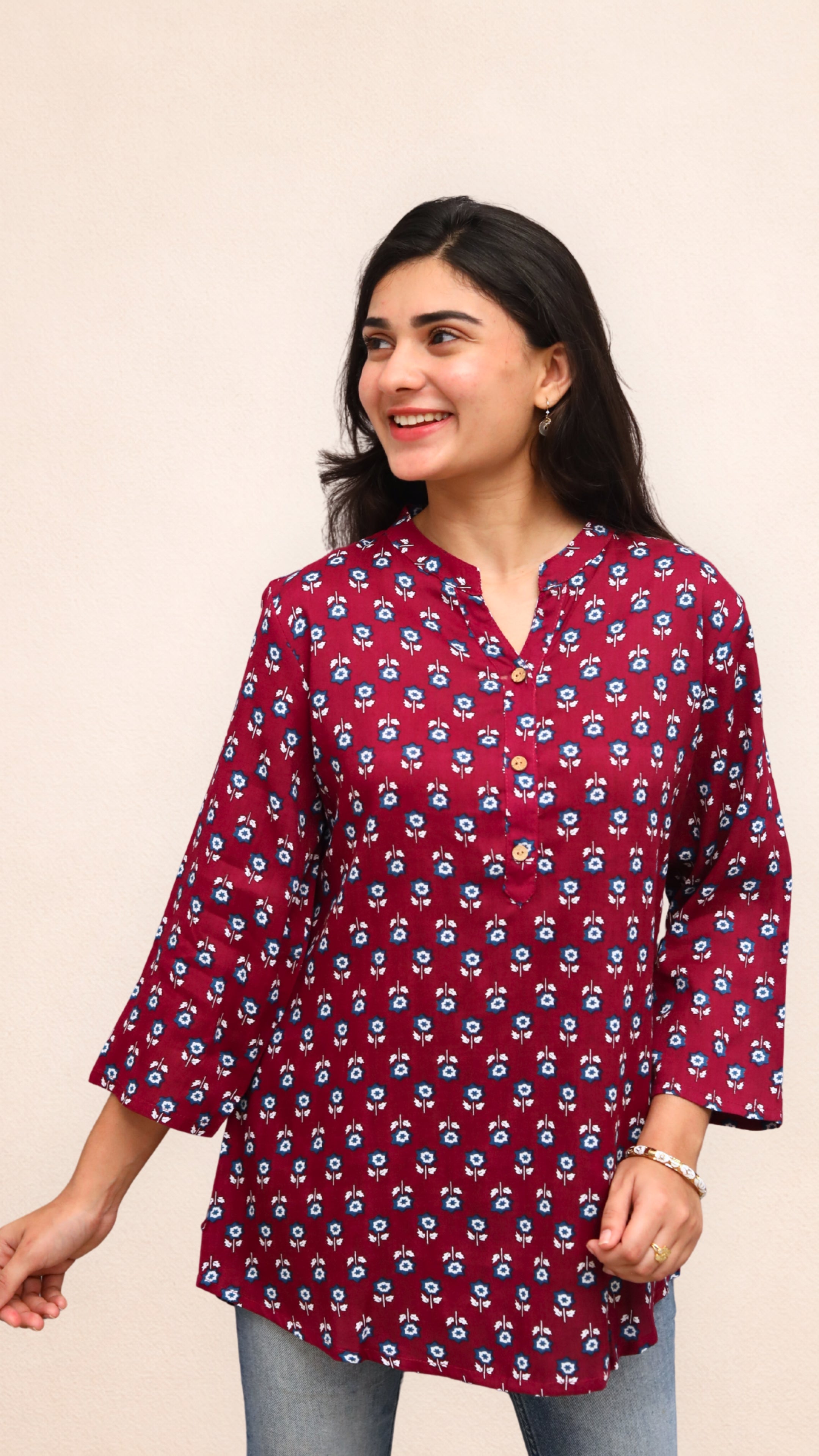 Wine Blossom Print Aline Collar Short Kurti