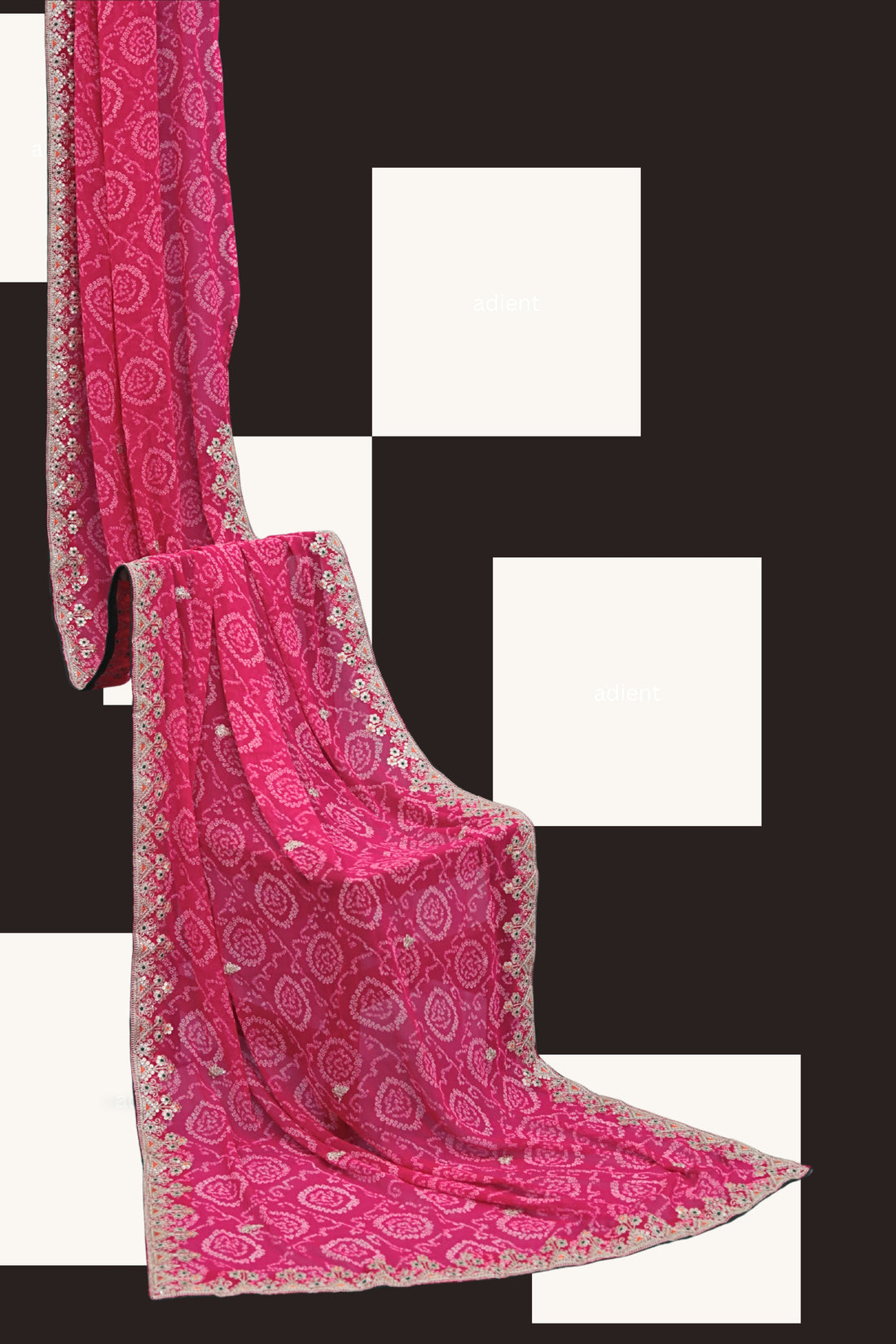 ISHNA Pink Bandhani Saree With 3 Flower Border and Theard Work