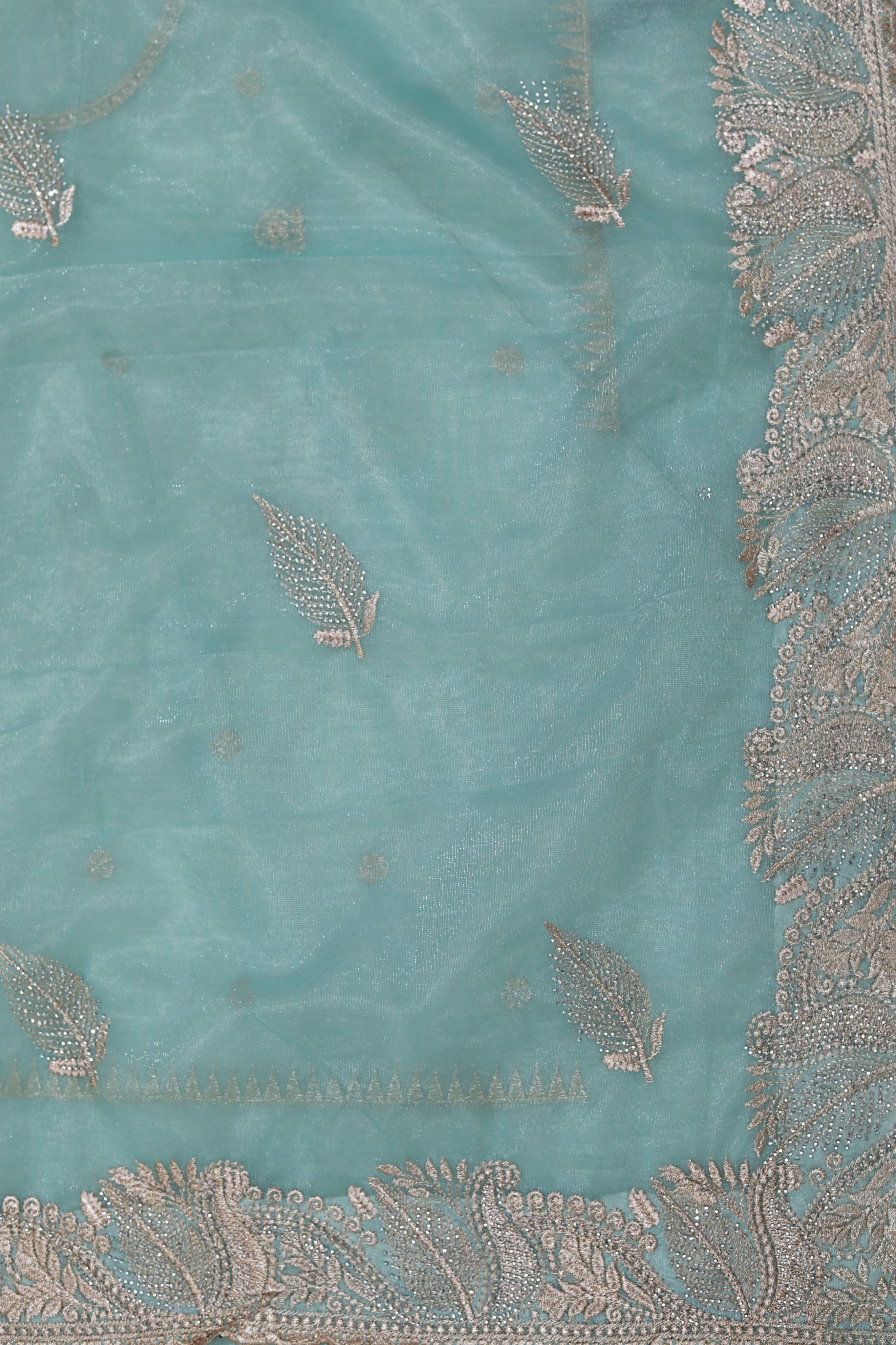 ISHNA  Sky Blue Organza Tissue Saree with Stone leaf Border