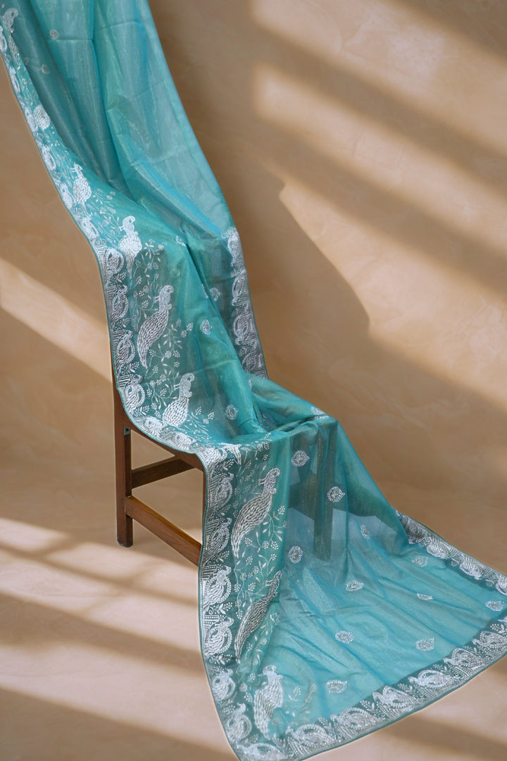 Sea Green Oganza Tissue Saree with Peacock Border