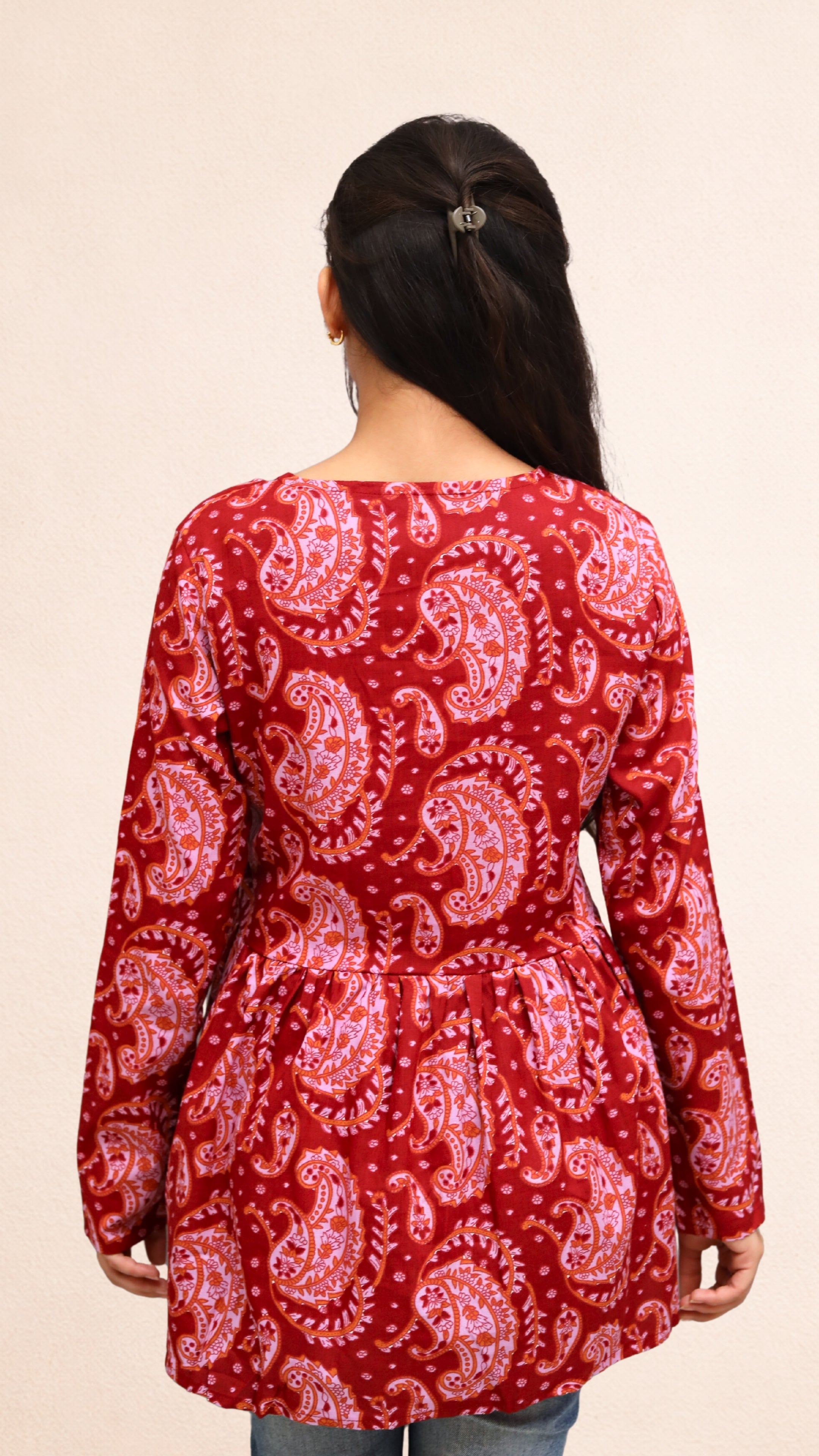 Maroon Block Print Peplum Top