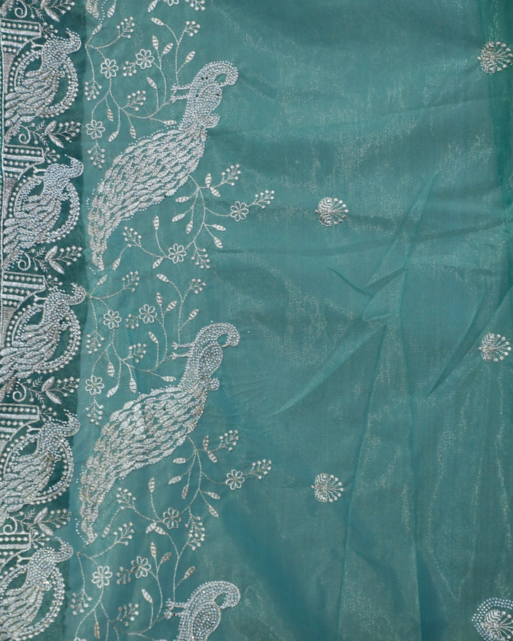 Sea Green Oganza Tissue Saree with Peacock Border