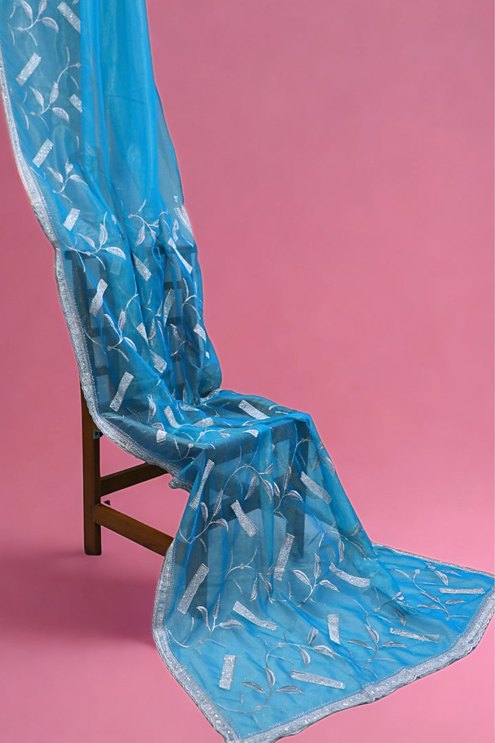 ISHNA TeaL Blue Organza Tissue Saree With Stone Stripes