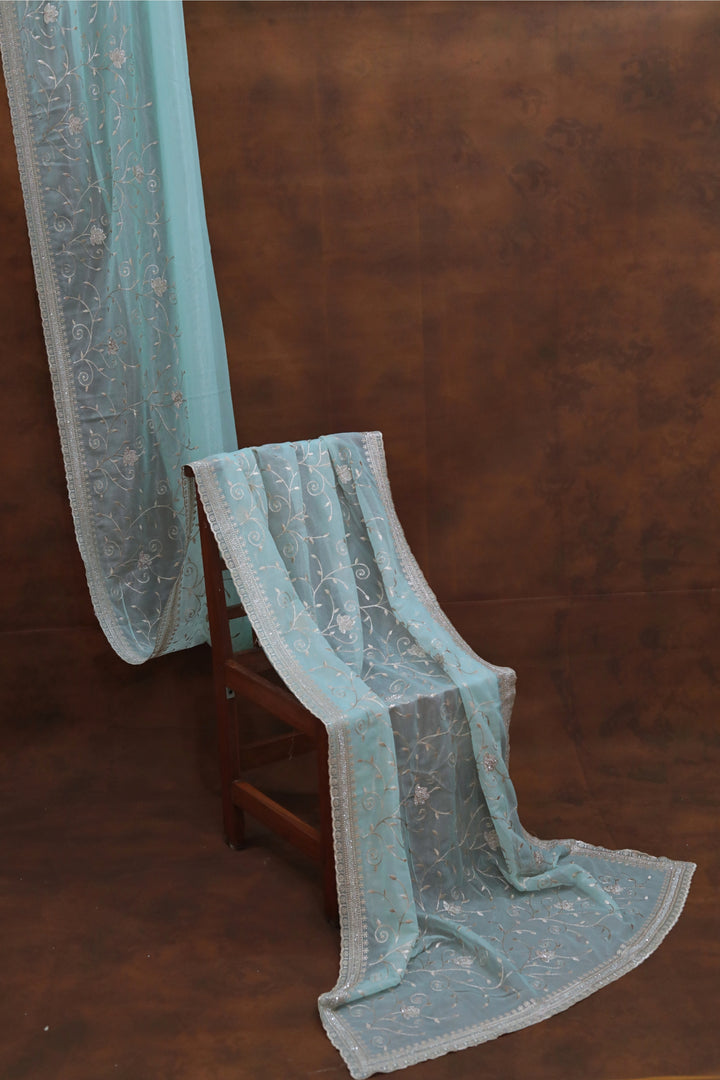 Seafoam Aqua Organza Tissue Saree with leaf Embroidery