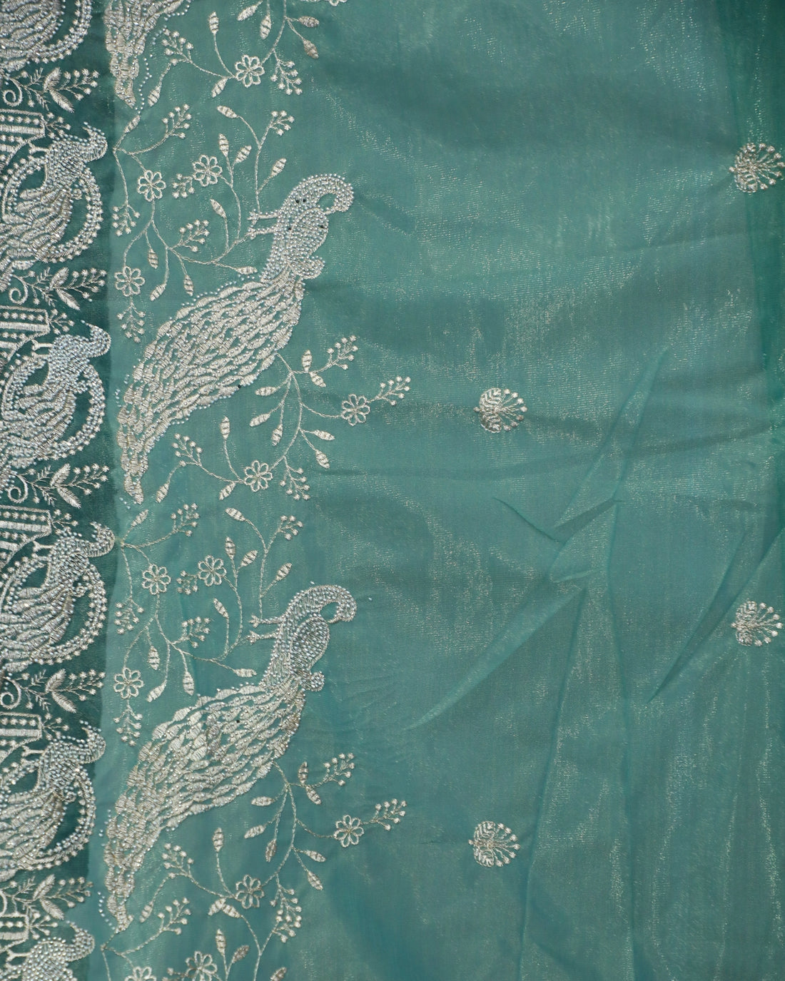 Sea Green Oganza Tissue Saree with Peacock Border